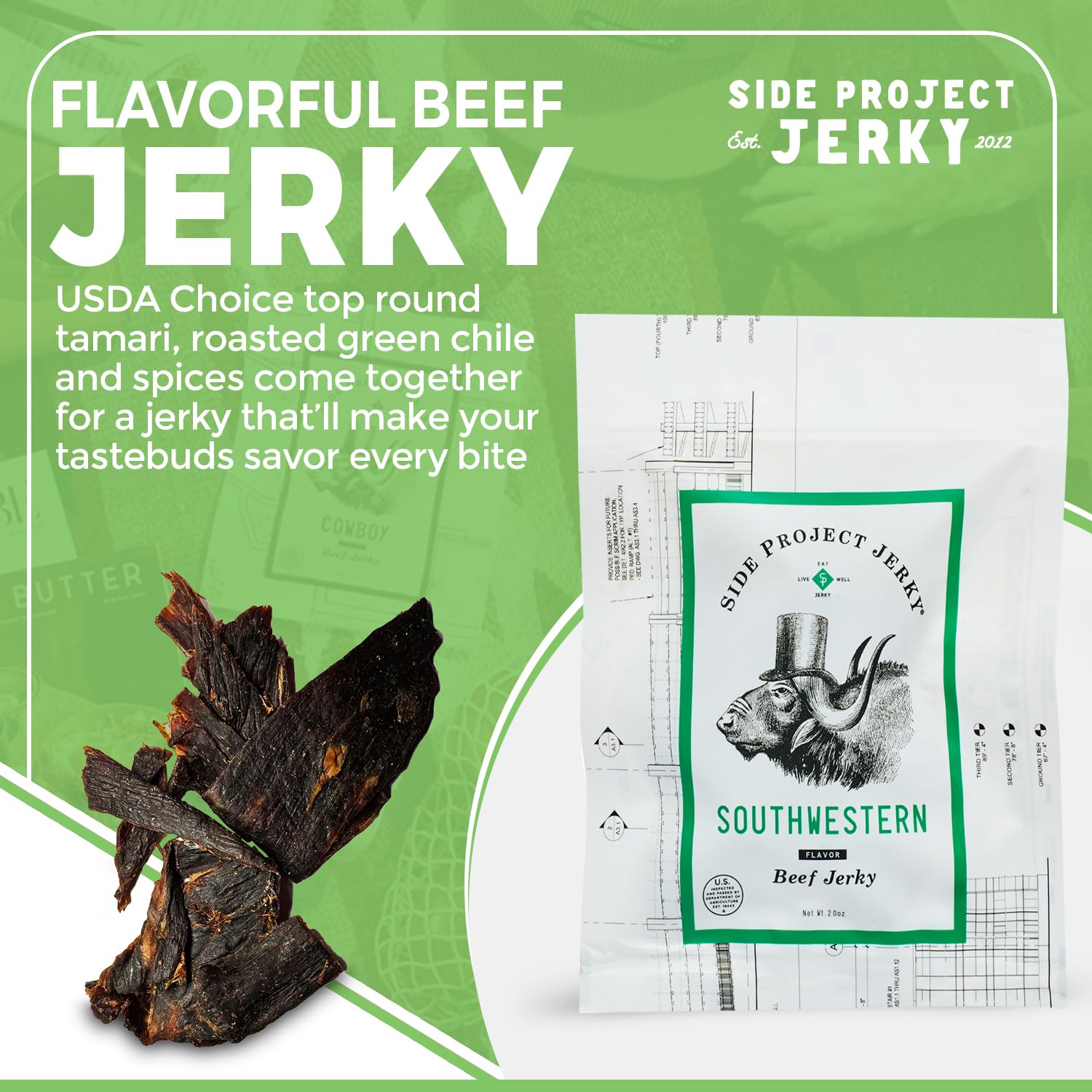 Side Project Jerky Southwestern Beef Jerky - Spicy Gourmet Snack with New Mexico Chile, Cumin & Cayenne - High Protein, Gluten Free Artisan Jerky - Chef Crafted & Small Batch - 2 oz Bag (Pack of 3)
