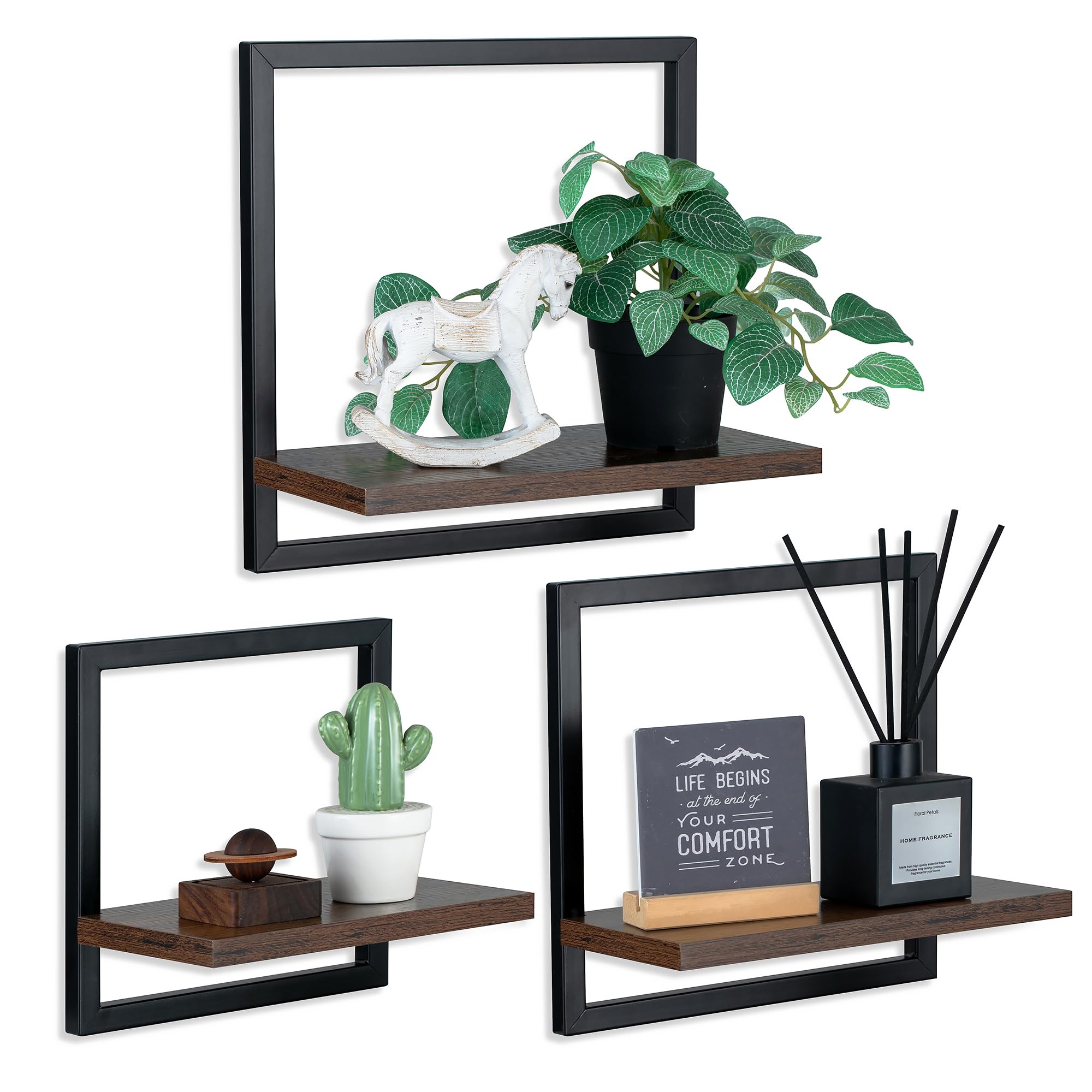 Walasis Schwarz Wandregal Metall Holz 3er Set Quadratische Regale Wand Modern Wandboard für Schlafzimmer Badezimmer Ecke
