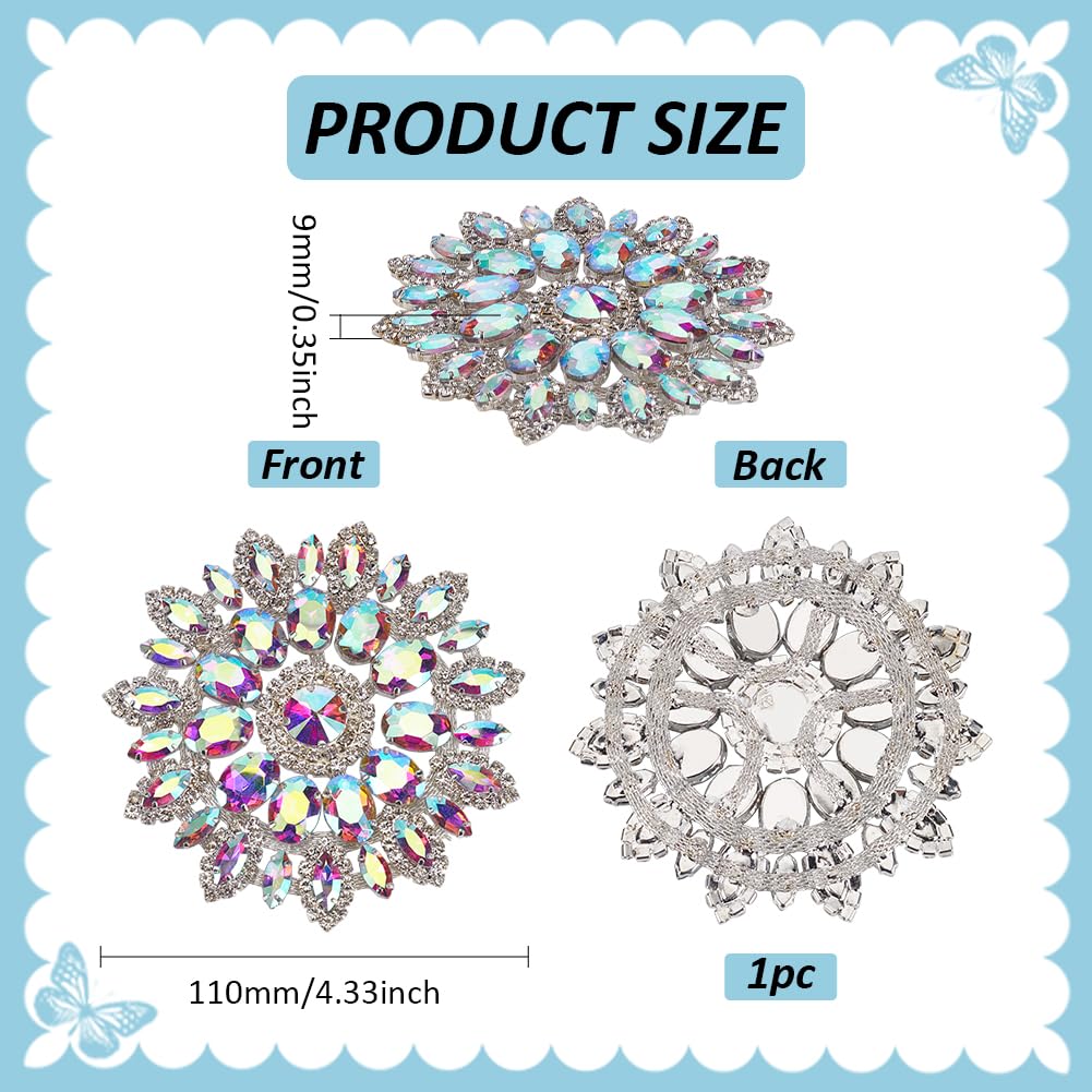 FINGERINSPIRE Clear AB Round Glass Rhinestone Applique with Metal Chain Back 11cm Floral Rhinestone Patch Flower Crystal Patch Platinum Rhinestone Appliques for Wedding Bridal Wedding Dress DIY - Image 2