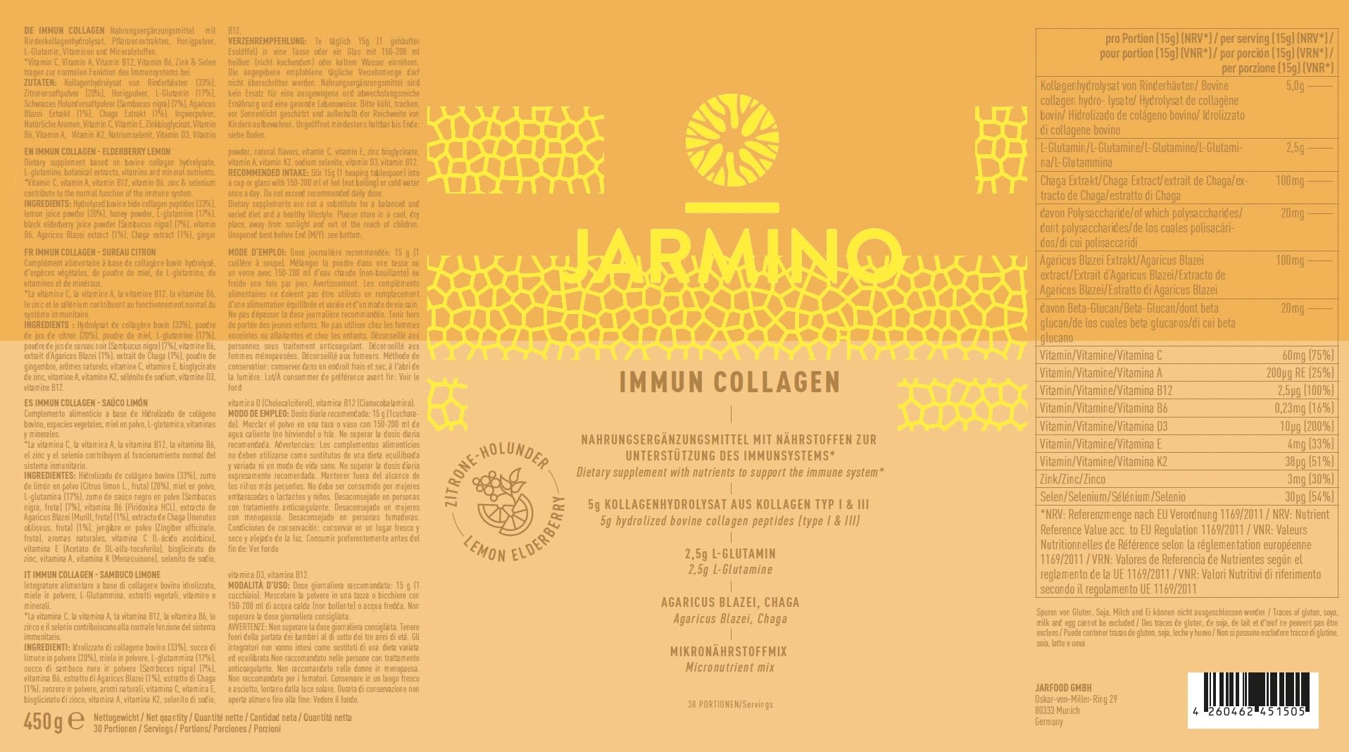 JARMINO Immun Collagen | Kollagen Hydrolysat mit L-Glutamin - Immunsystem stärken | Vitamin C, D, Selen, Zink, Ingwer, Holunder, Vitalpilze | 450g Immun Boost Glutamin Pulver