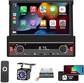 FINYQBET Sistema Estéreo Automotivo Retrátil, multimidia 7 polegadas, CarPlay e Android Auto, Câmera de Ré e Controle no Volante - Ideal para Segurança Familiar e Entretenimento no Carro