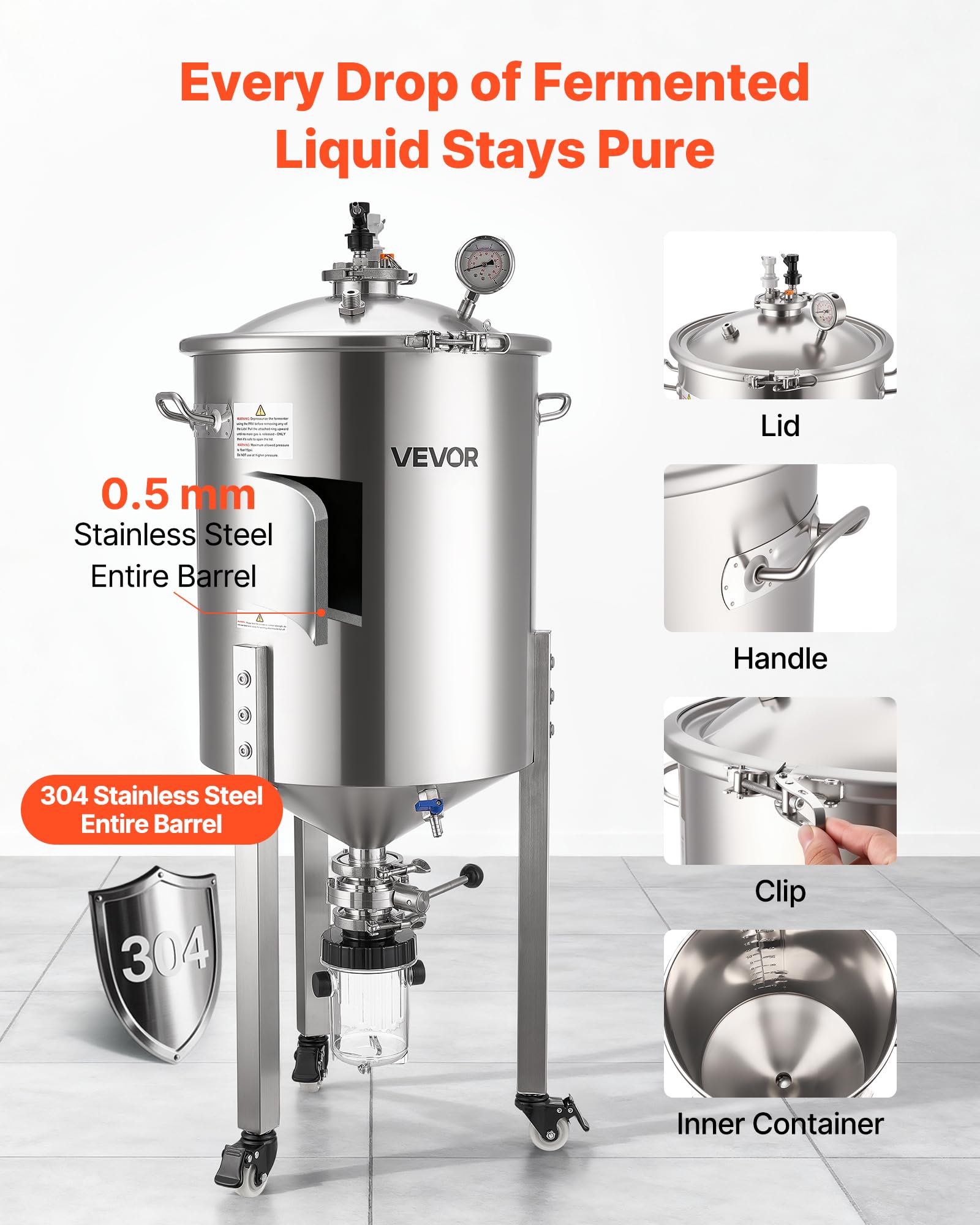 VEVOR Serbatoio di Fermentazione Conico per Produzione di Birra in Acciaio Inox da 60 Litri, Bollitore con Fondo Conico 3 Ruote, Botte di Fermentazione per Vino e Birra