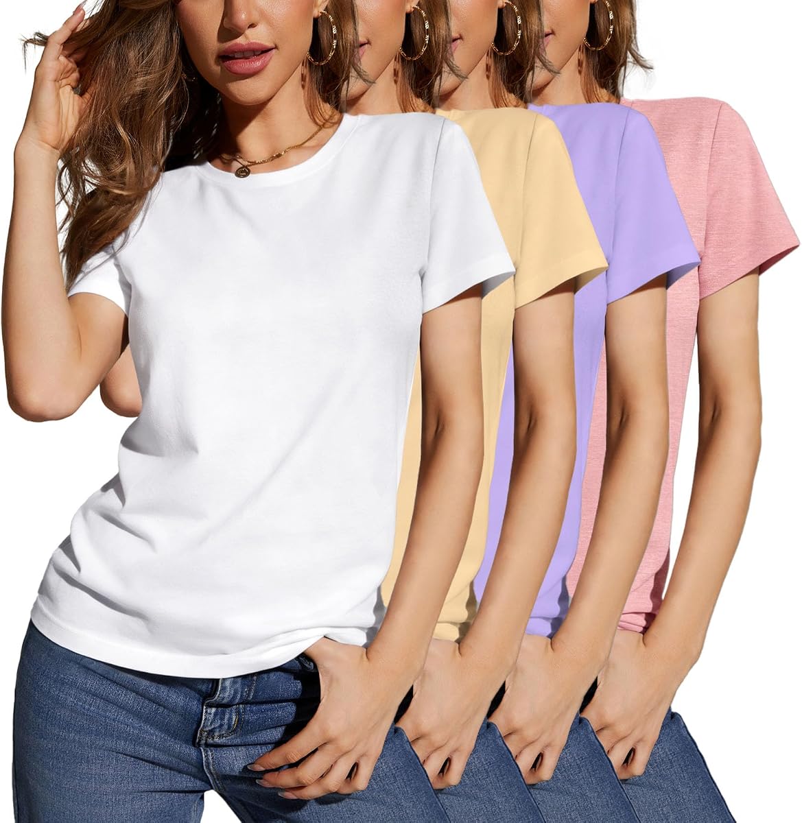 Women's 3 Pack Short Sleeve Tee Shirts Basic Crew Neck Crop Tops
