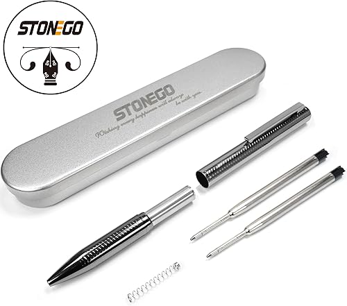 Miniatura 6 de STONEGO Bolígrafo de metal cromado sin tapa, tinta negra de 0.039 pulgadas (0.039 in), punta media, escritura suave, bolígrafo retráctil de acero