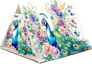 Guinea Pig House Bed, Rabbit Large Hideout, Small Animals Nest Hamster Cage Habitats Aesthetic Peacock with Watercolor Flowers