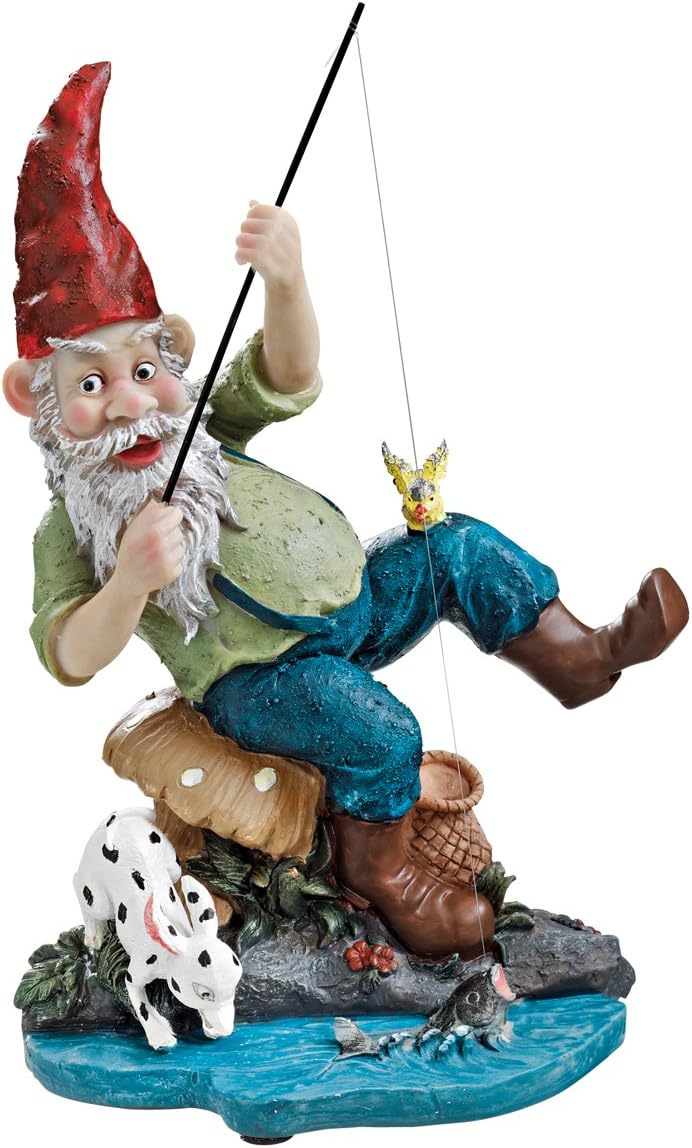 Garden Gnome Statue - Gone Fishing Garden Gnome - Outdoor Garden Gnomes - Funny Lawn Gnome Statues