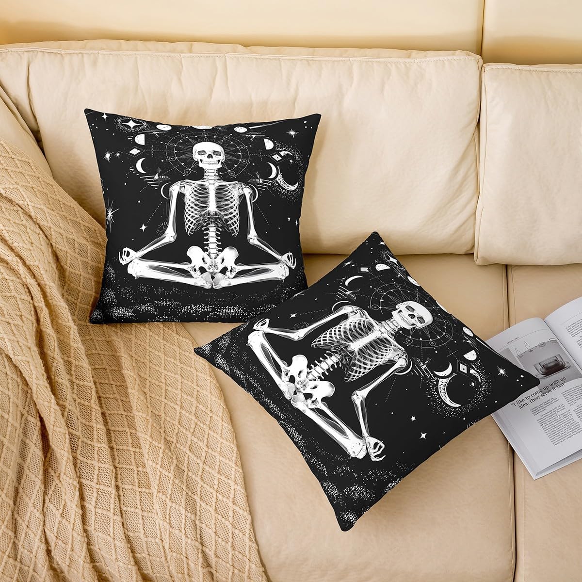 Pack of 2 Skull Pillow Covers 24x24,Gothic Skeleton Throw Pillow Covers Moon Duvet Insert Moon Phase Phychedelic Geometric Cushion Covers for Home Office Sofa Couch Chair Bed Outdoors, Black
