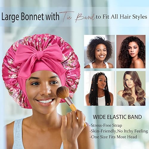 Miniatura 6 de Gorro de seda para dormir, gorro de satén para dormir, gorro para dormir para mujeres negras, paquete de 2 gorros de banda de amarre para cabello