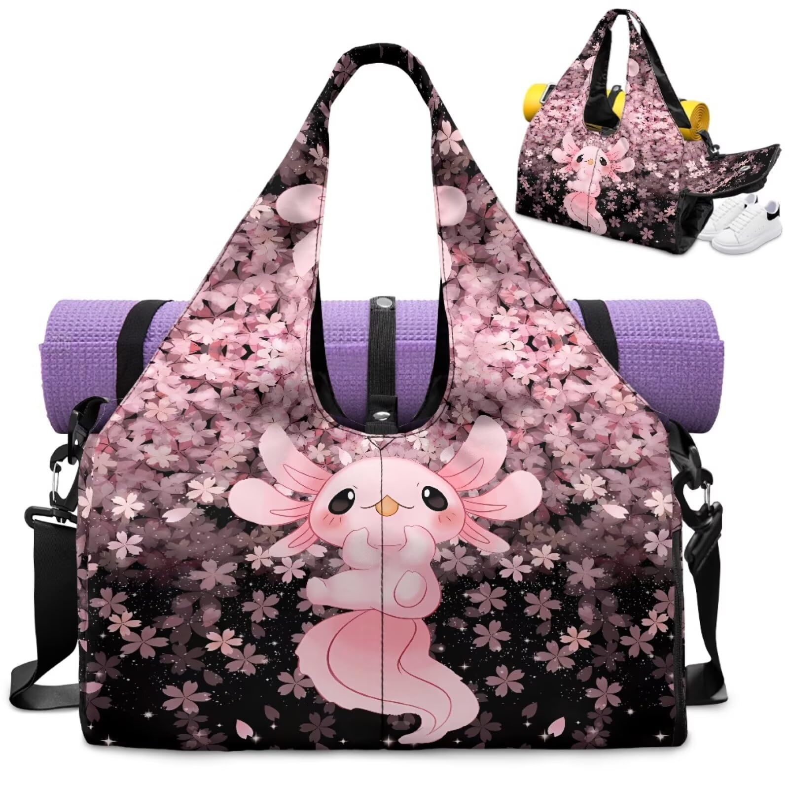 Dngkaoje Cute Axolotl Yoga Bag for Women with Shoe Compartment Yoga Mat Bags for Women Cute Workout Bags for Gym Kawaii Axolotl Pilates Board Travel Bagpilates Reformer Board Storage Bag