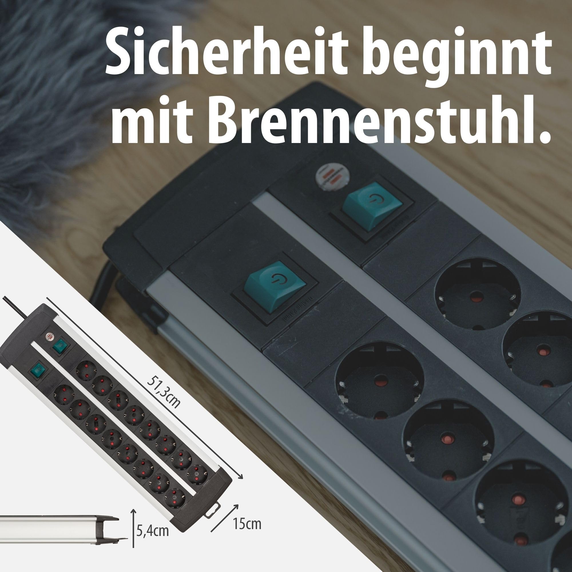 Brennenstuhl Premium-Alu-Line Steckdosenleiste 16-Fach, 3m | Mehrfachsteckdose aus hochwertigem Aluminium mit 2 Schaltern für je 8 Steckdosen, Made in Germany