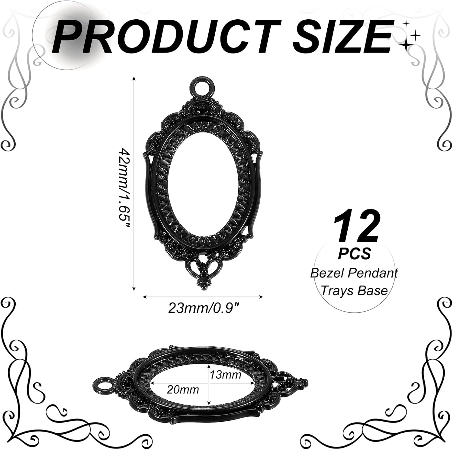 uxcell 12 Pcs Pendant Trays Kit, 20mm Oval Blank Bezel Pendant Tray Base Connector Settings for Photo Charm Jewelry Making DIY Crafts, Black (Hollow Lace) - Image 2