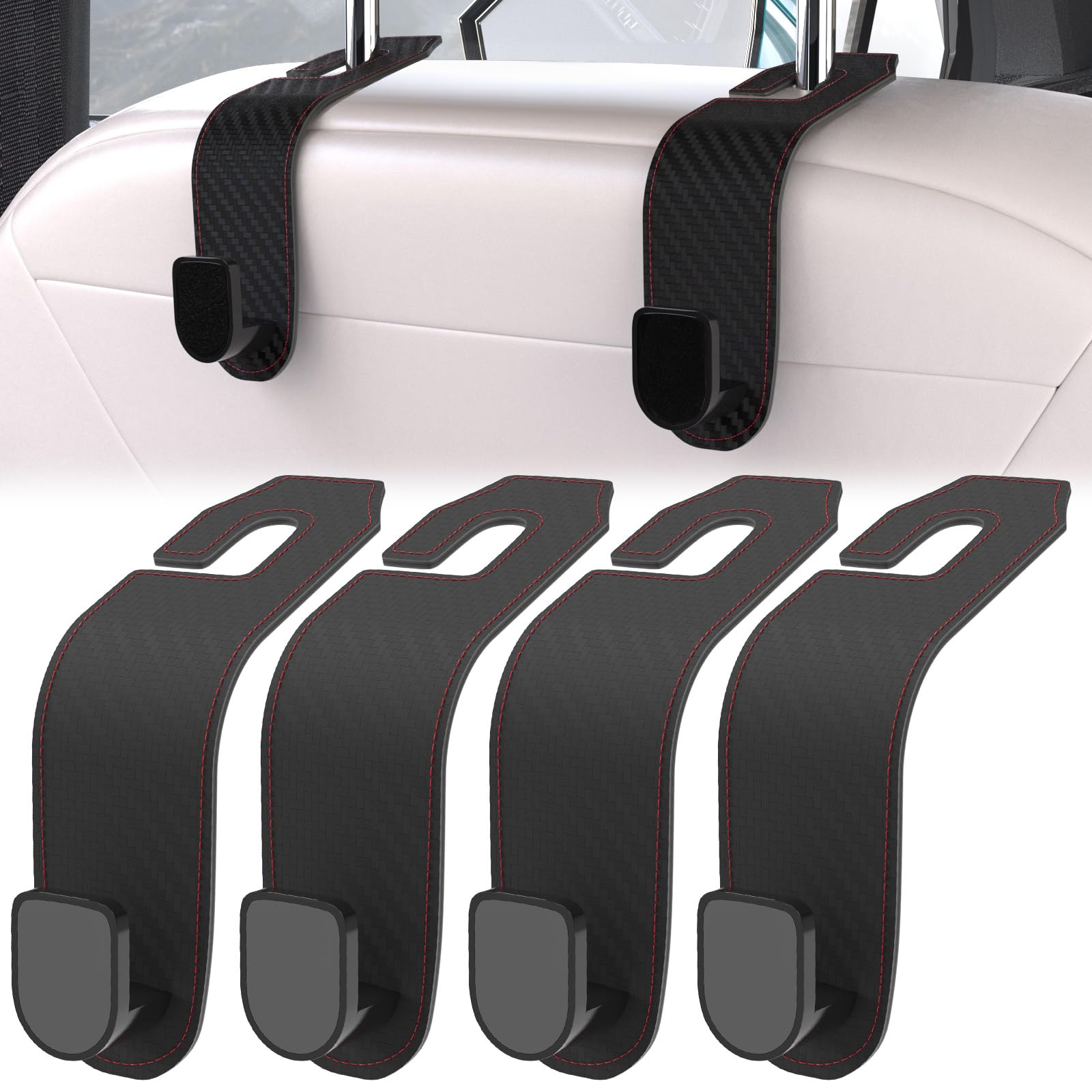 4 Pcs Seat Headrest Hook for Car, Seat Back Hanger Holder Hooks, Hanger Storage Organizer for Purse Bags Coat, Car Interior Accessories Leather Hidden