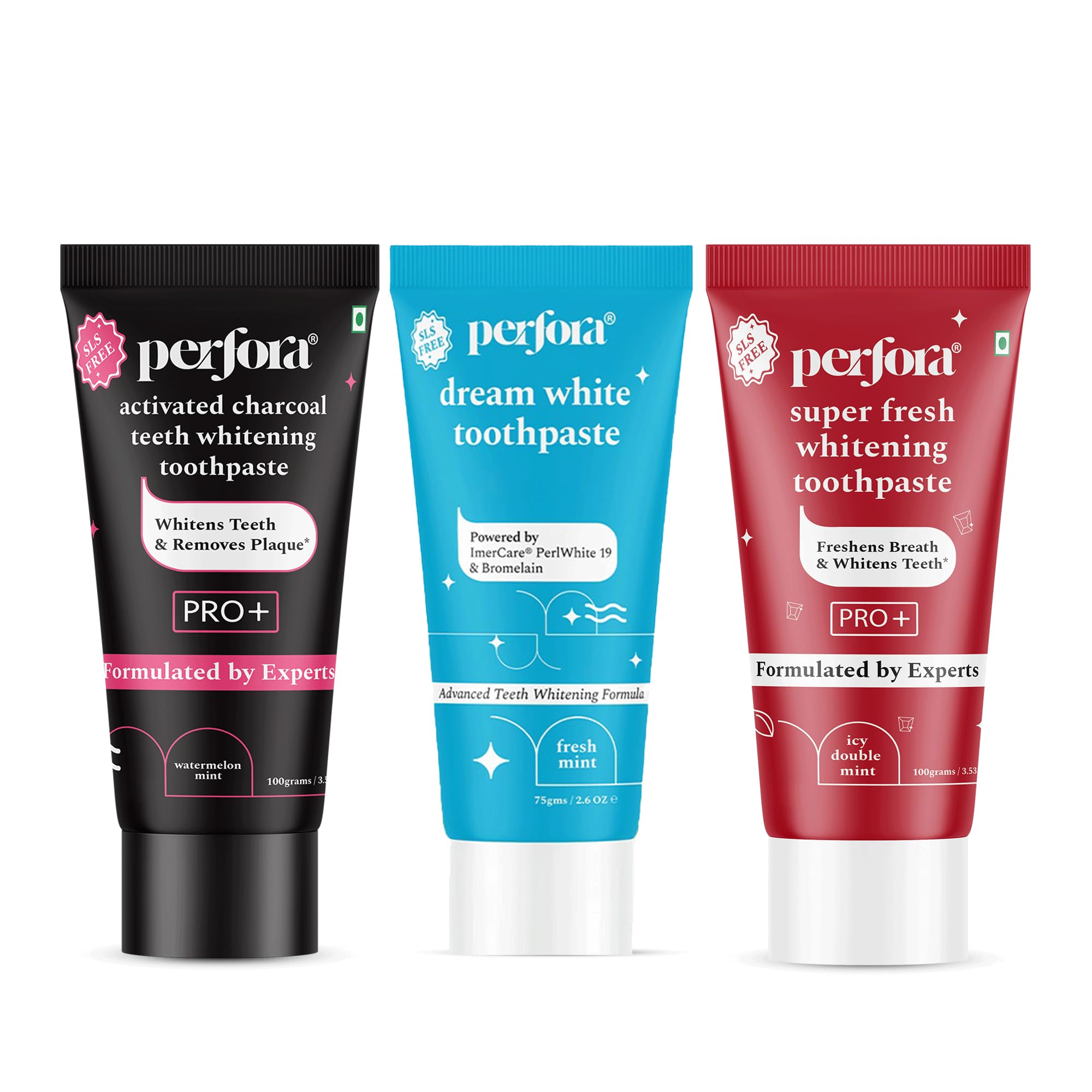 Perfora Teeth Whitening Paste Combo - Enamel Safe Teeth Whitening Toothpaste for Men & Women | Super Fresh, Charcoal & Dream White - SLS & Fluroide Free Toothpaste (175 g, Pack of 3)