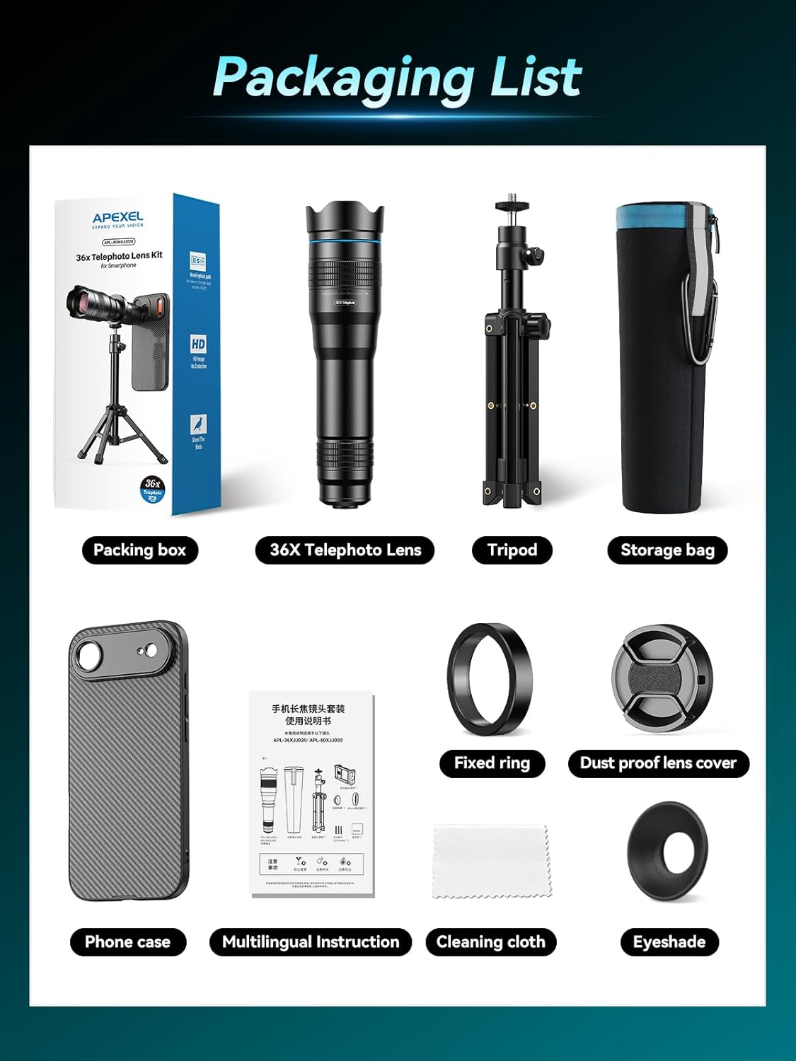 APEXEL 36x Telephoto Lens Compatible with iPhone Air | Photography for Travel, Birdwatching, Exploration | Kit with Sturdy Metal Tripod and Threaded Phone Case