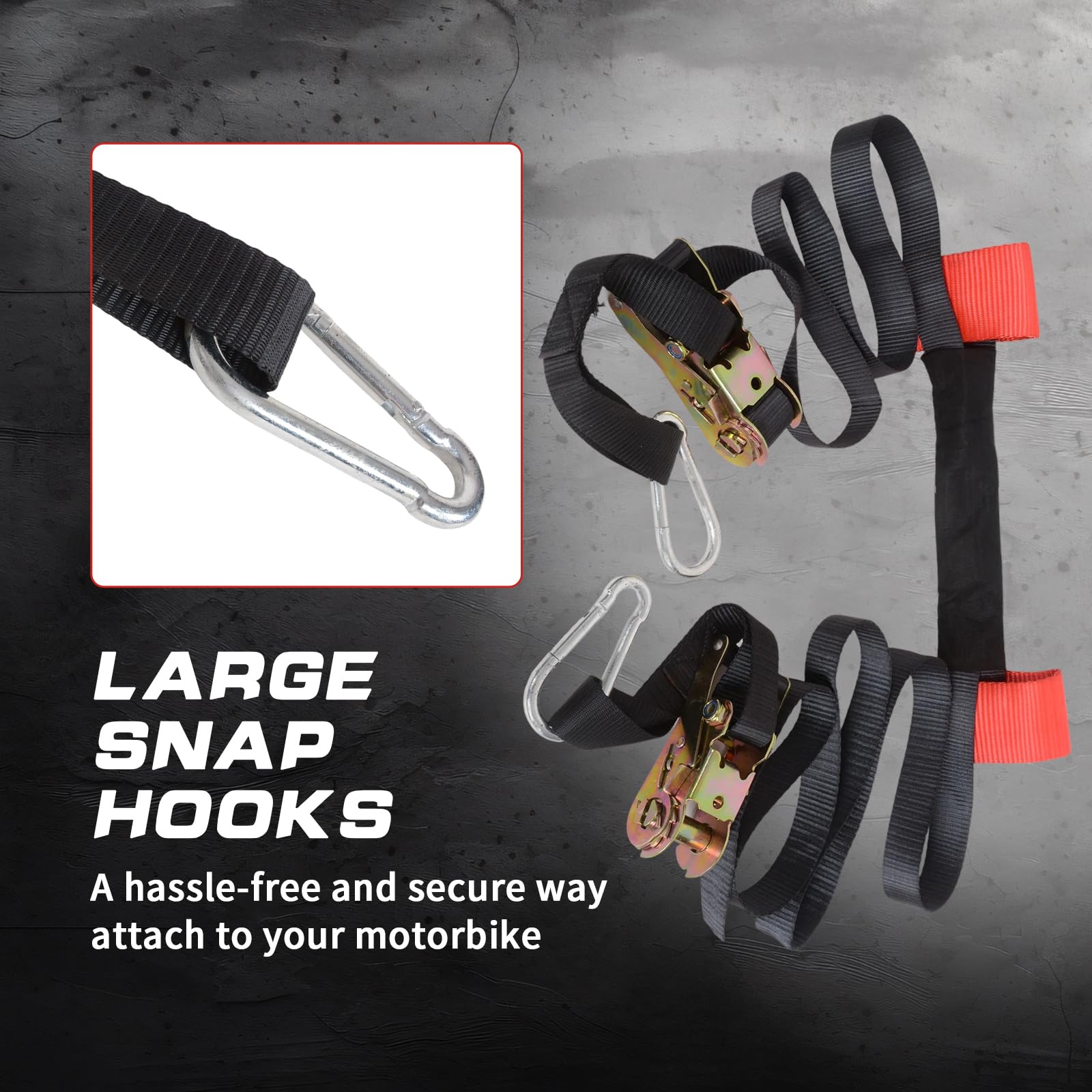 MOTO4U Set di cinghie di fissaggio per moto con cricchetto e ganci a J, 1 confezione da 1 cinghia di fissaggio per manubrio con cricchetti e ganci a scatto, nero e rosso