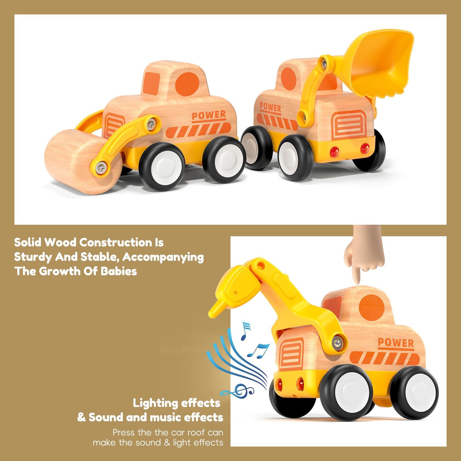 Juego De Camiones De Construcción De Madera Con Fricción Para Niños – 4 Vehículos: Excavadora, Bulldozer, Rodillo Y Perforadora, Con Luces Y Sonidos, Ideal Para Regalar A Peques De 2 A 3 Años