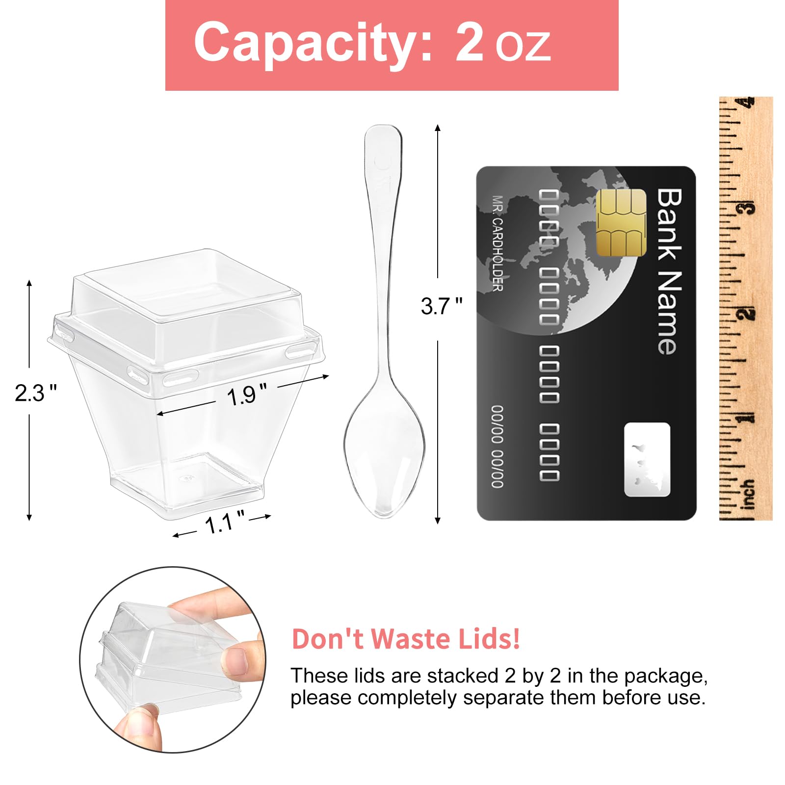 Mini vasos de postre de 2 onzas con tapas y cucharas, paquete de 100 vasos de plástico para postres, tazas cuadradas pequeñas para servir para fiestas, pudín individual