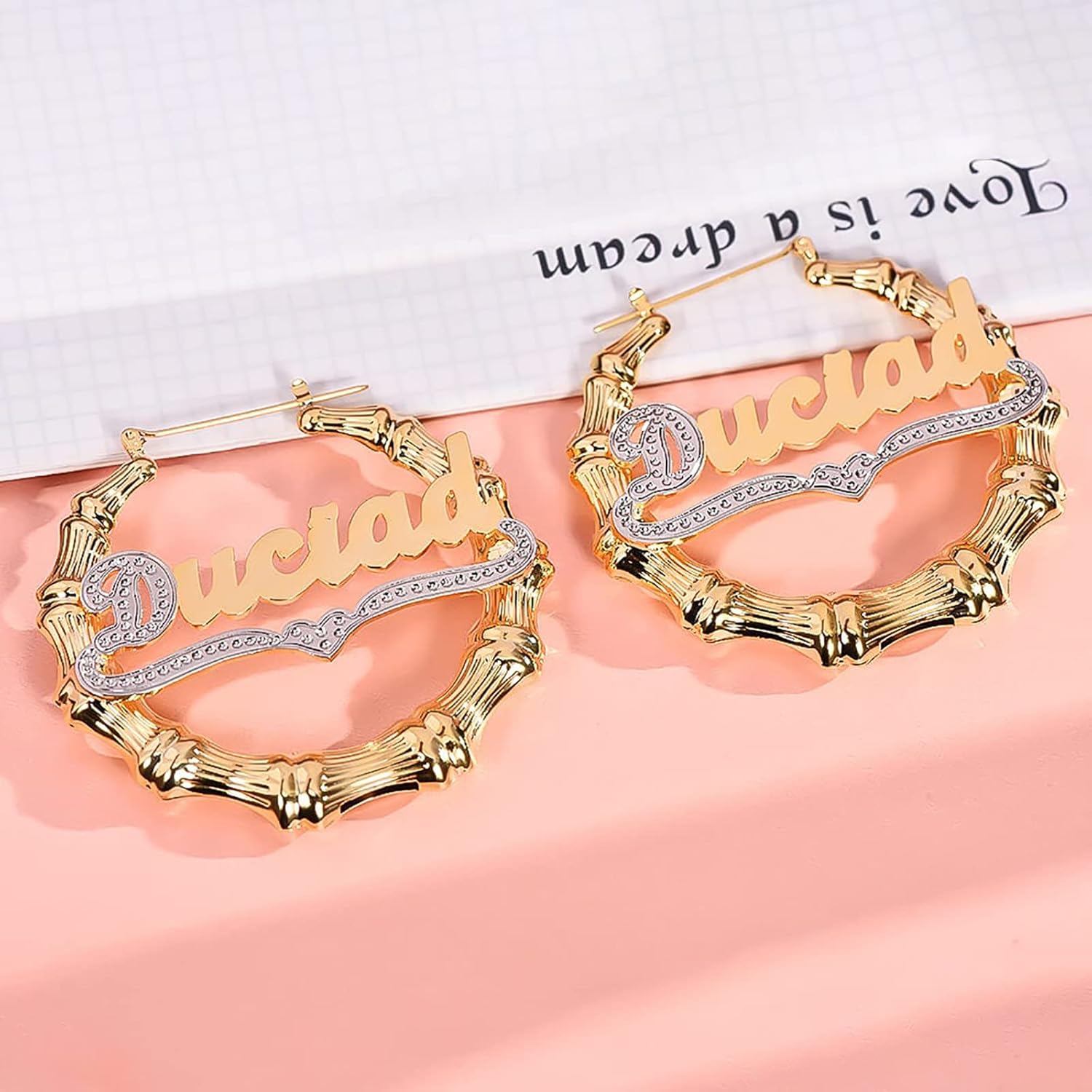 Personalized Name Earrings for Women Bamboo Hoop Custom Nameplate Earrings 18k Gold Plated Initial Name Earrings with Heart Exquisite Birthday Mother's Day Jewelry Gifts for Women Girls
