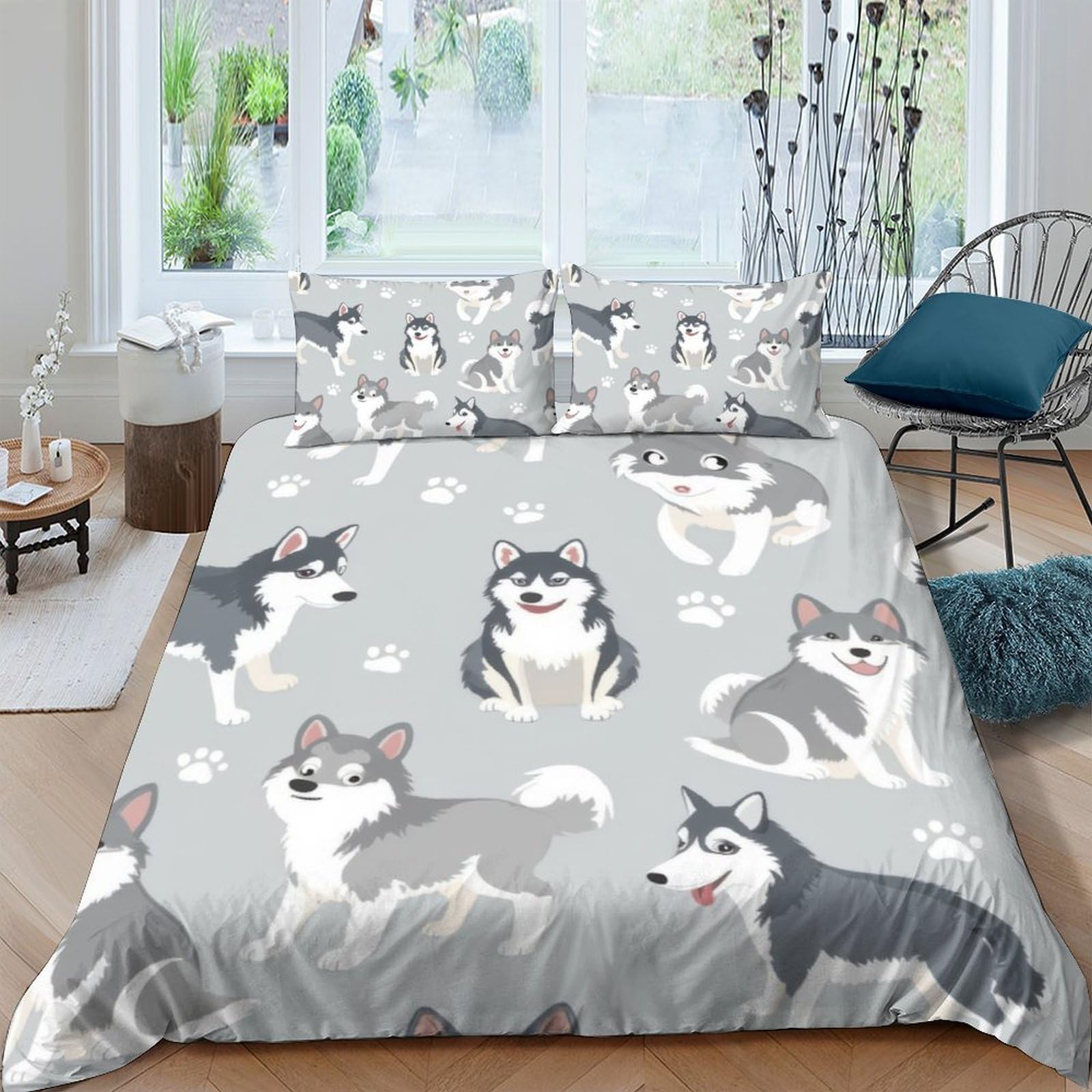 Ctjqhvkz Style-4 3D Printed Husky Cartoon Fitted Sheet Microfiber Soft Grey Dog Pattern Mattress Cover For Bedroom Guest Room Decor Single（135X200cm）