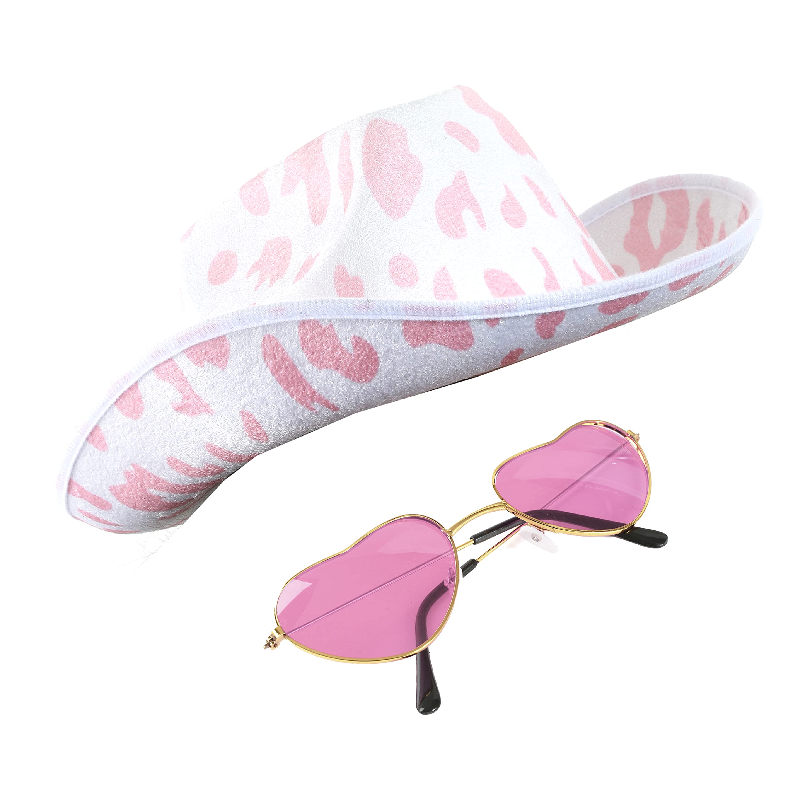 Love Tour Accessory Set - Pink Cow Print Cowboy Hat and Heart-Shaped Glasses - Adults Pop Icon Concert Fancy Dress Costume