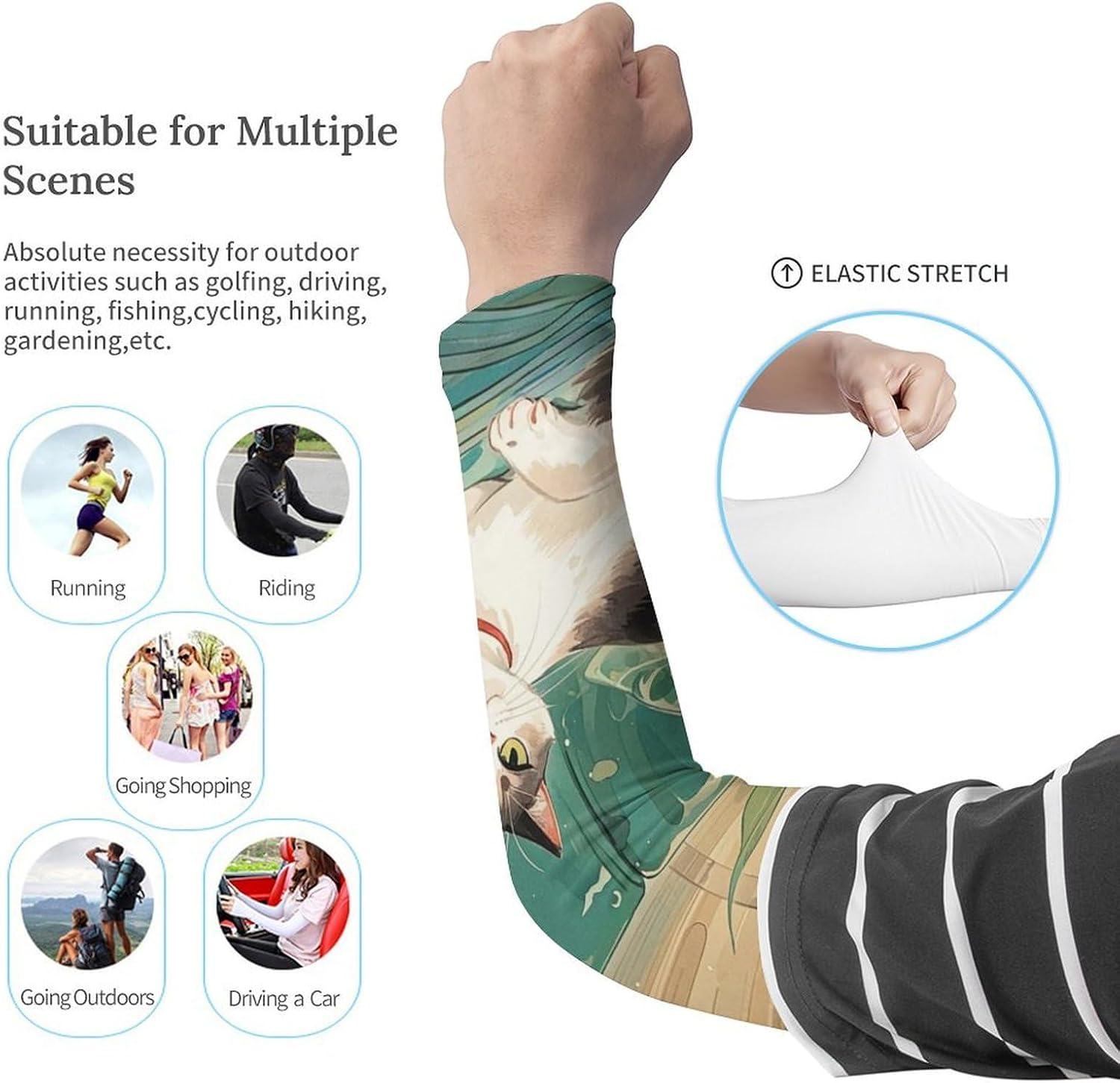 National Style Cat Arm Sleeves for Men Women Sun Protection Sleeves Cooling Compression Arm Covers for Sport
