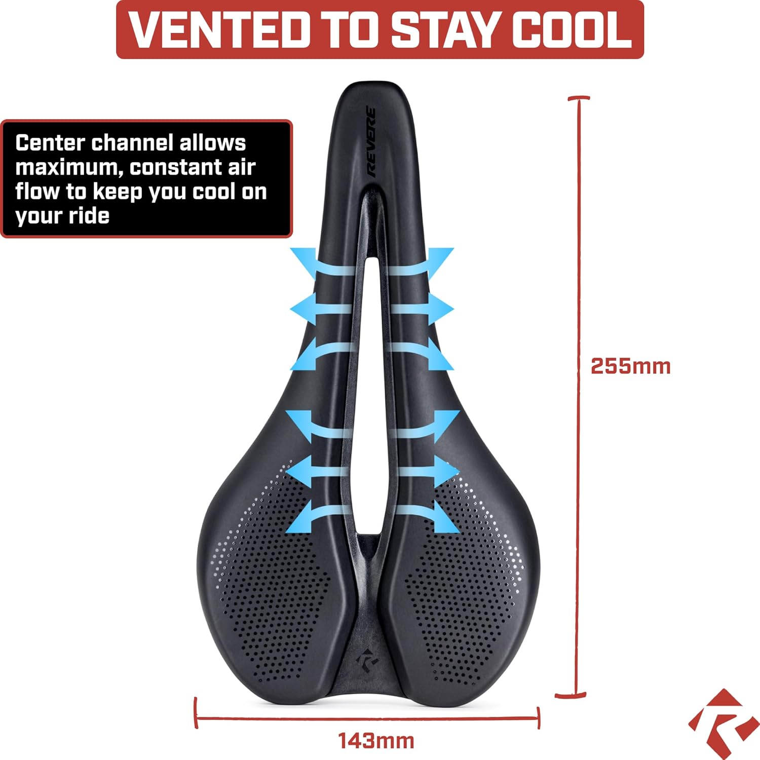 Revere Performance Bike Saddle – Ergonomic Bicycle Seat with Pressure-Relief Center Channel, Multi-Stage Comfort Foam, Low-Profile Design for Road, Gravel, Mountain & Touring Bikes (255 x 143mm)