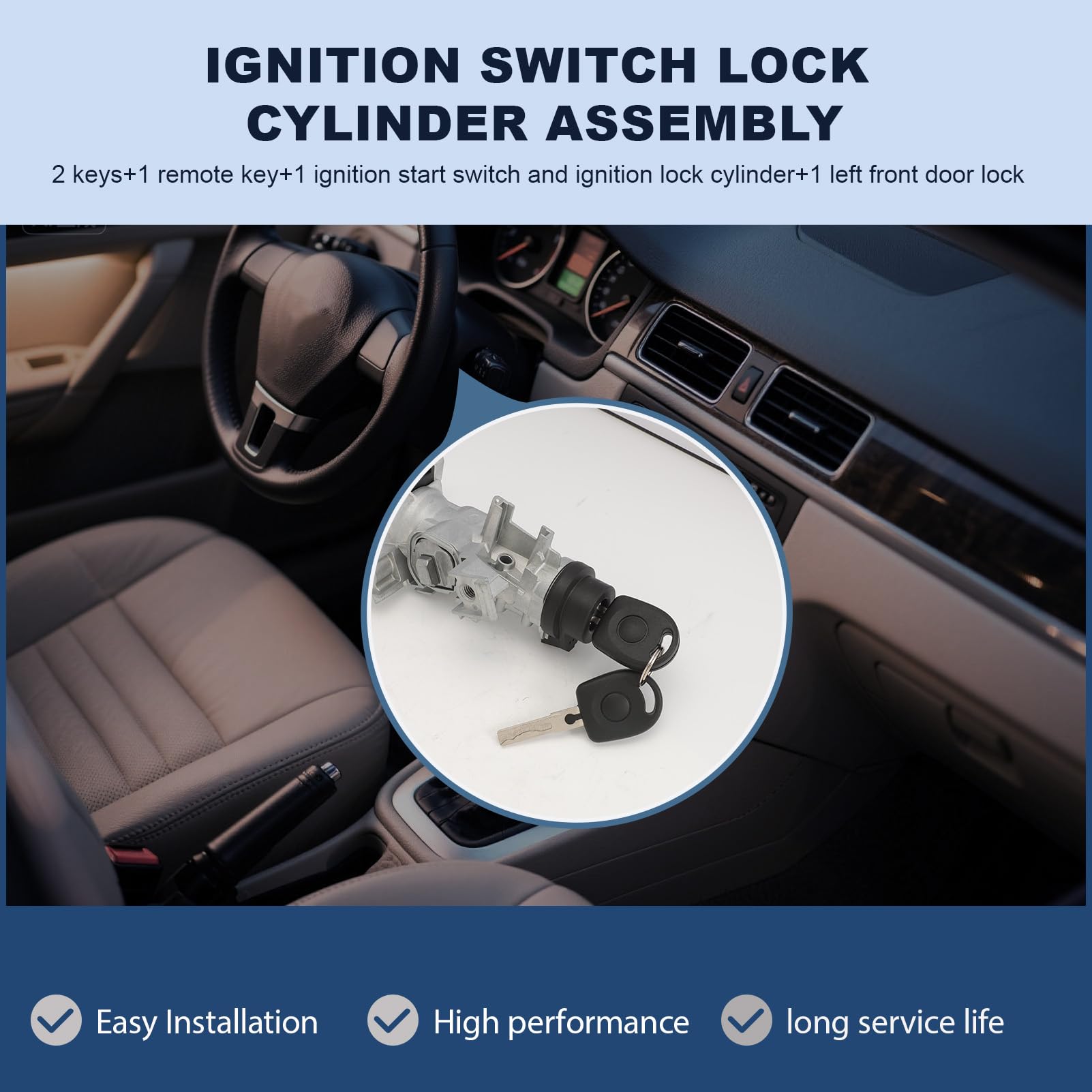 1K0905851B Neiman Interrupteur d'allumage avec 2 clés + 1 Télécommande pour Golf 5 6 7 A3 Q3 Caddy Beetle Jetta Touran Tiguan Seat Altea 1K0905841 Antivol Direction Serrure d'allumage