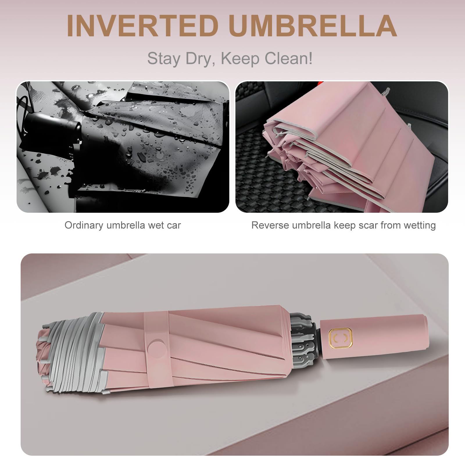 Paraguas invertido, toldo reforzado con plegado inverso, apertura y cierre automático, protección UV, resistente al viento, tira reflectante, marco de aluminio de 10 costillas, para automóvil 4