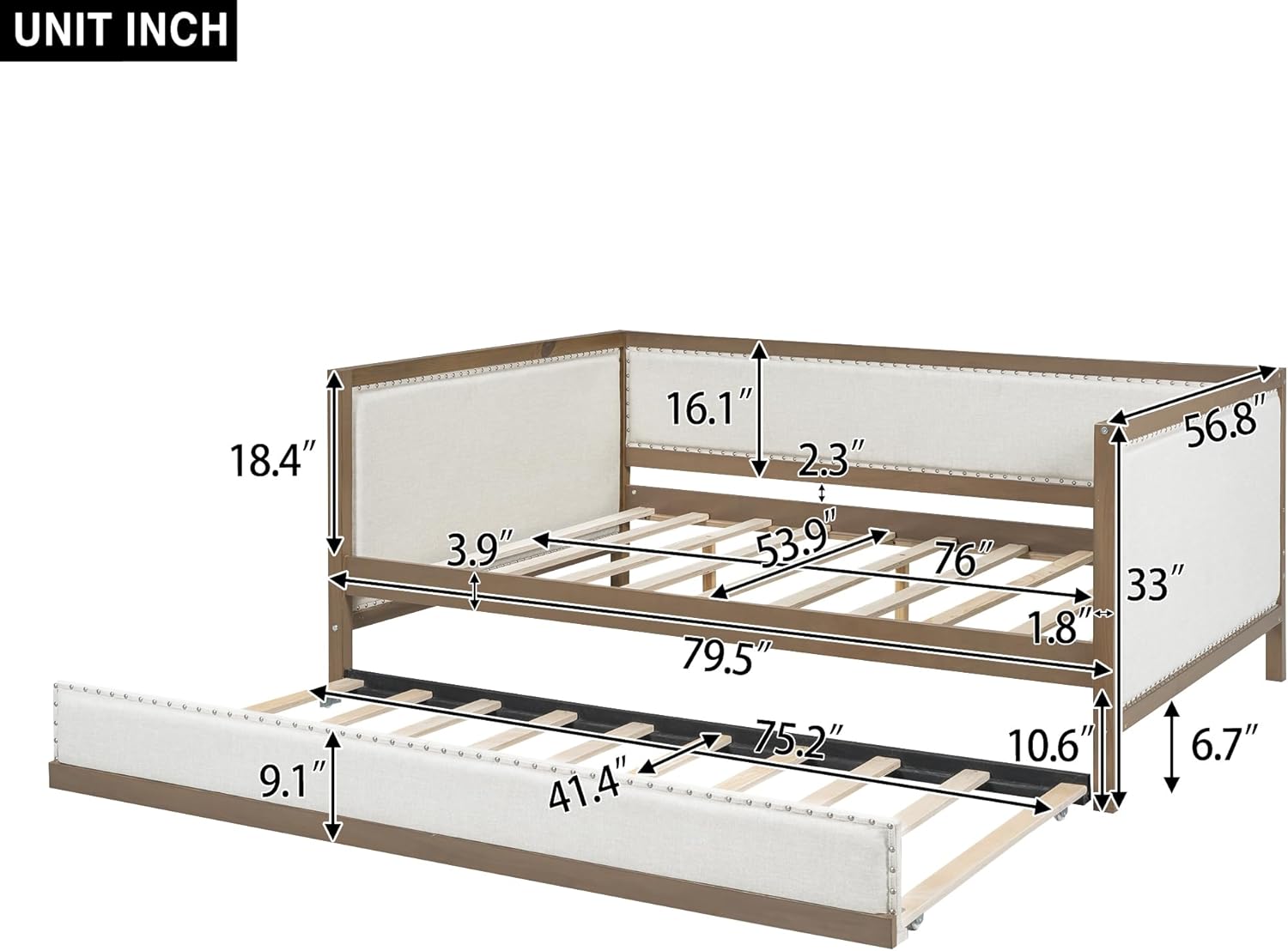 Harper & Bright Designs Full Size Upholstered Daybed Bed Frame for Boys Girls Kids Adults Toddler with Trundle and Nailhead Decoration, Wood Color
