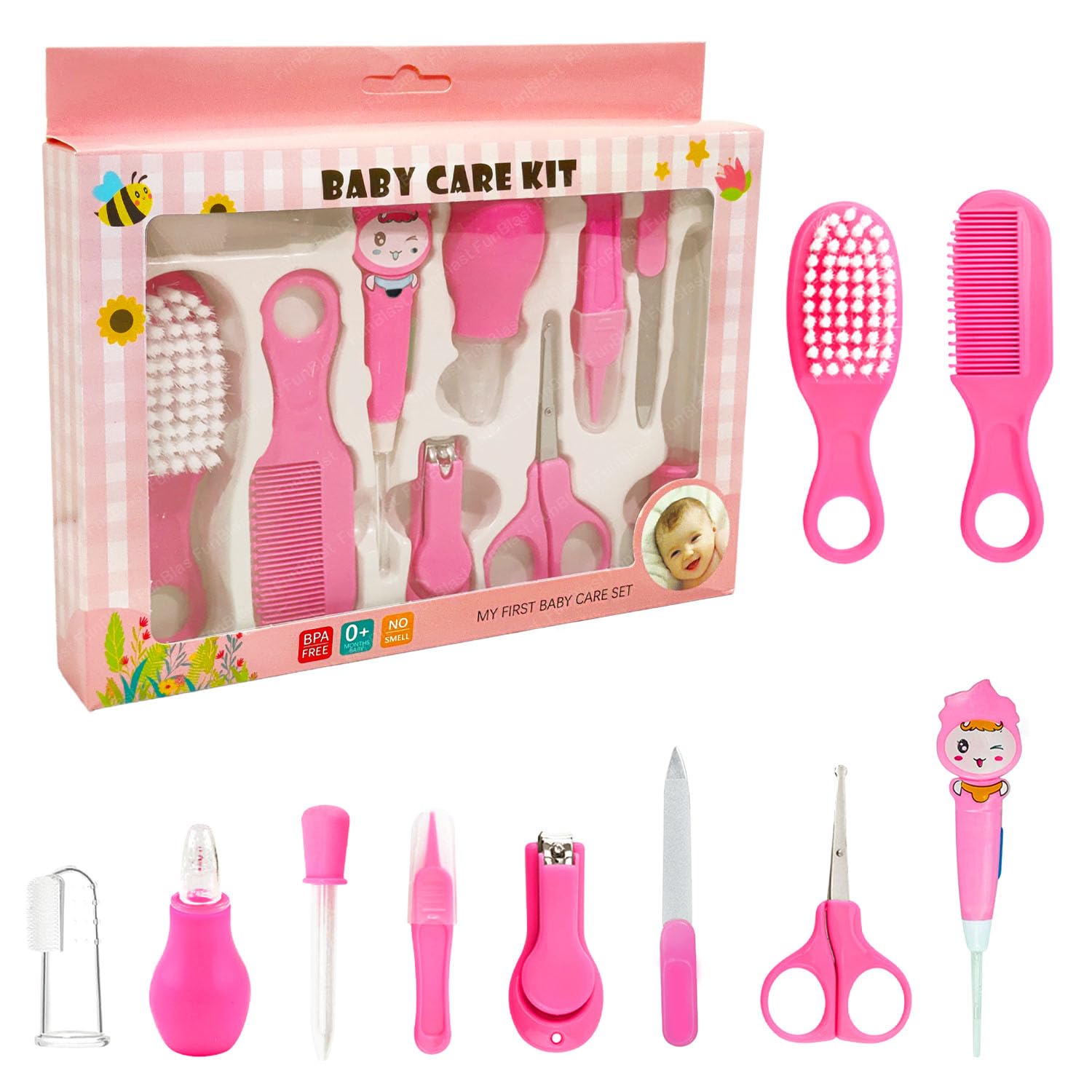 FunBlast Baby Grooming Kit - 10 Pieces Baby Toddlers Manicure Grooming Kit with Nail, Hair, Ear Grooming Tools, Healthcare Accessories Kit for New Born Baby & Toddlers (Pink-B)-image-0