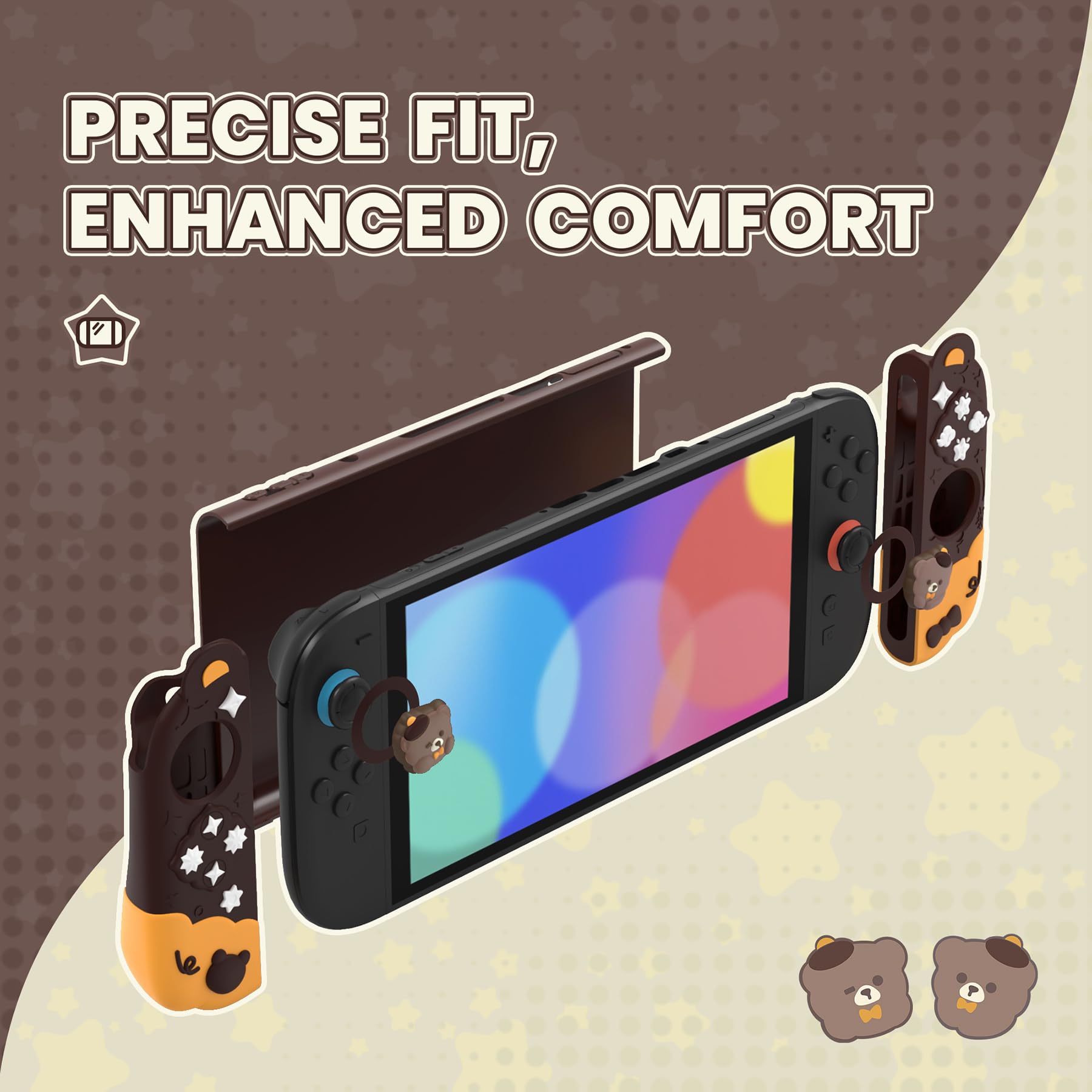 playvital Coque pour Nintendo Switch 2 Console avec Cover Grips Silicone Joycon pour Switch 2 & Capuchon Joystick Étuis Housse Dockable-Brun,Style Ours