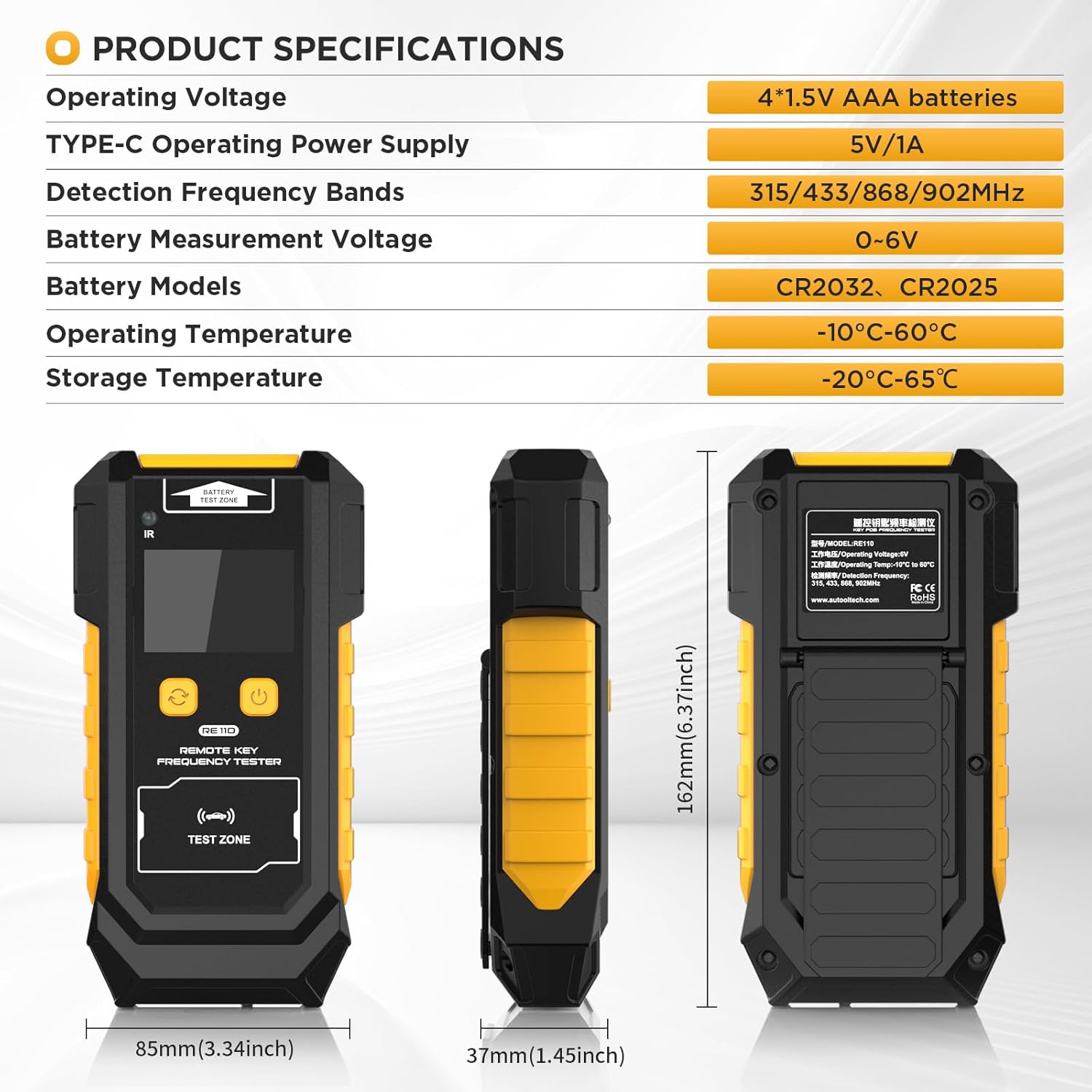 Remote Key Frequency Tester for RF or Infrared Signal Testing;3-in-1 Key Frequency Detection & Button Battery Voltage Check; 315/433/868/902MHz RF & Infrared Signal Detection.