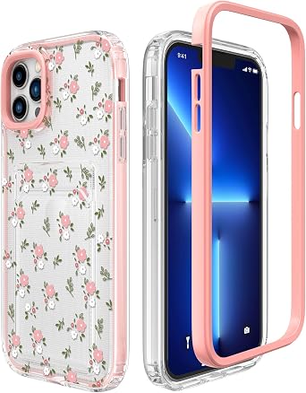 ZCDAYE Case for iPhone 13 Pro Max,Flower Pattern Clear Case with Card Holder Support Wireless Charging,Transparent Soft TPU Shockproof Phone Case for iPhone 13 Pro Max6.7 inch,Pink