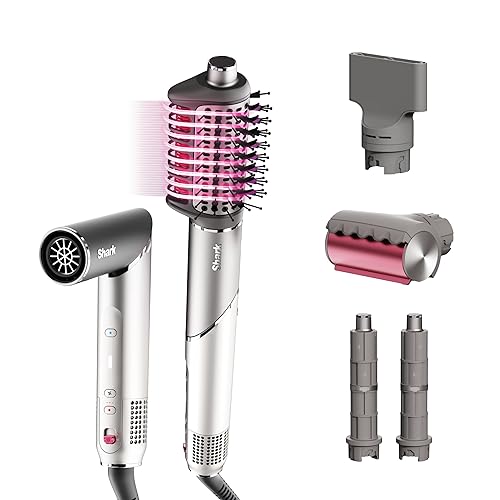 Shark FlexFusion Hair Dryer with Fusion Hair Brush, Ceramic Air Styler with Auto-Wrap Hair Curlers & Concentrator, Ceramic Plates, Metallic Mist HD641 - Straight & Wavy Hair
