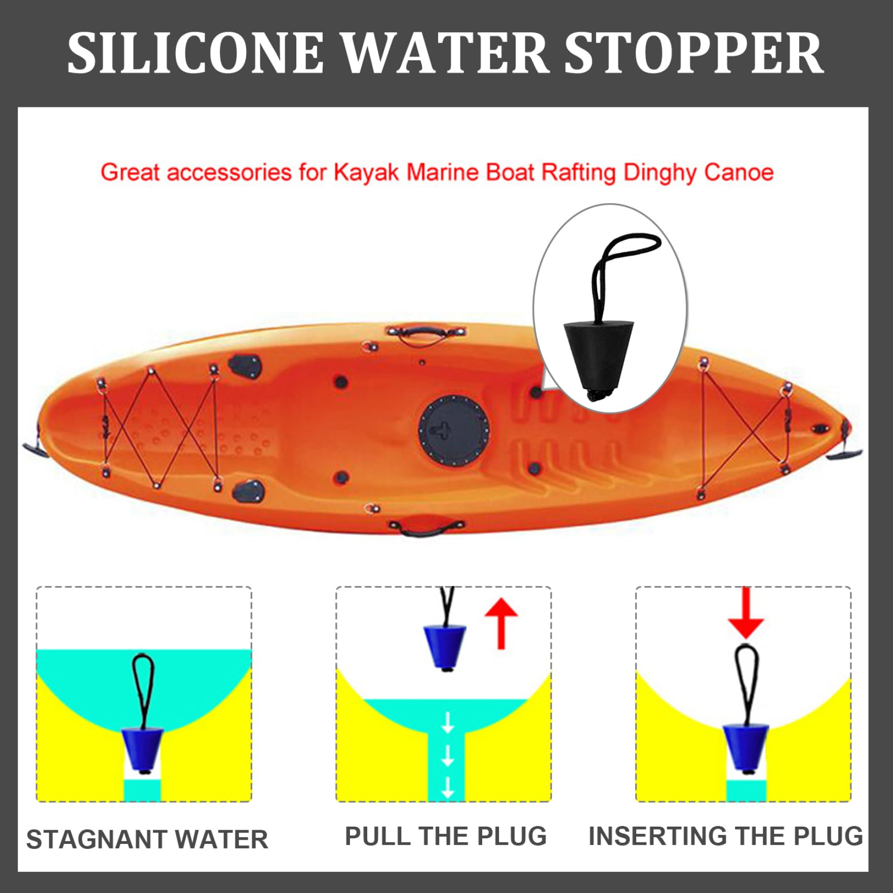 Plug Kayak 4pcs Tappo di svuotamento di Kayak universali Tappi di scupper Silicone con scupper di Sostituzione della Corda a Traino per Canoa gommone Nero