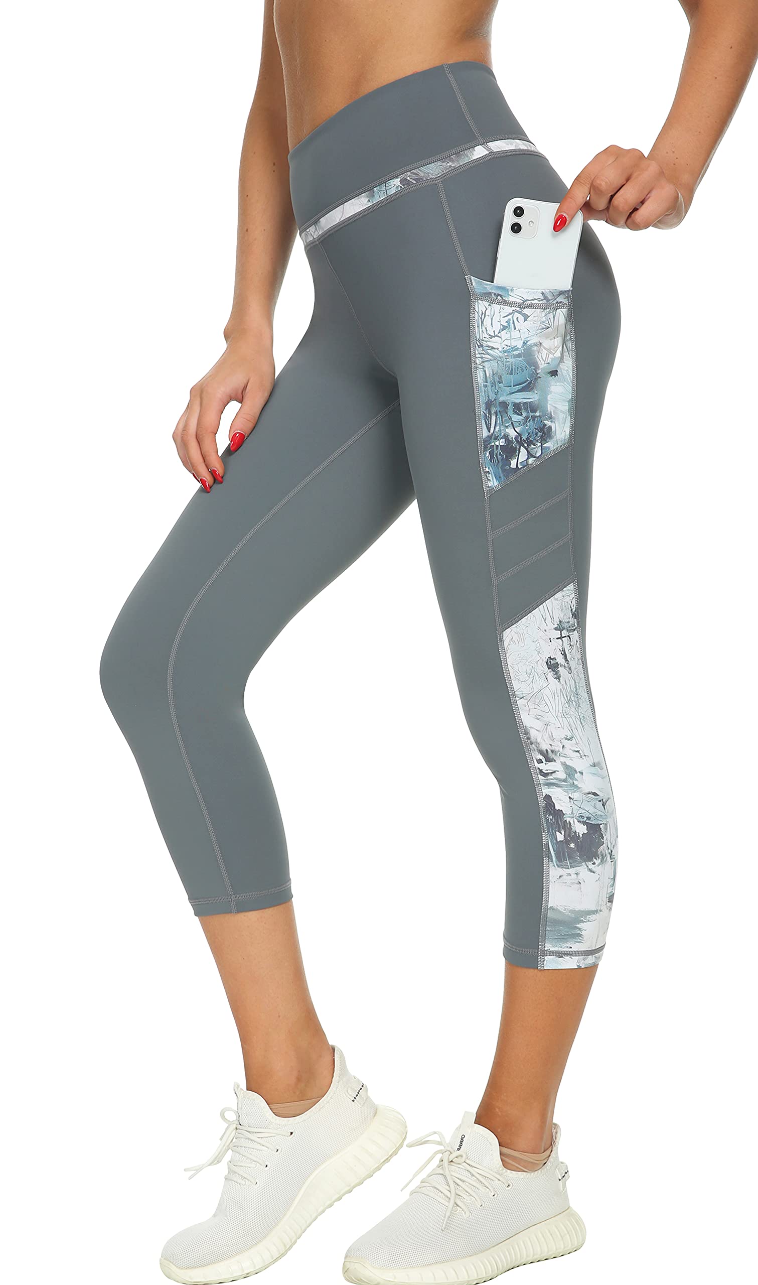 Neonysweets High Waist Yoga Capris with Pockets Soft Leggings Workout Athletic Running Pants Stone Blue S