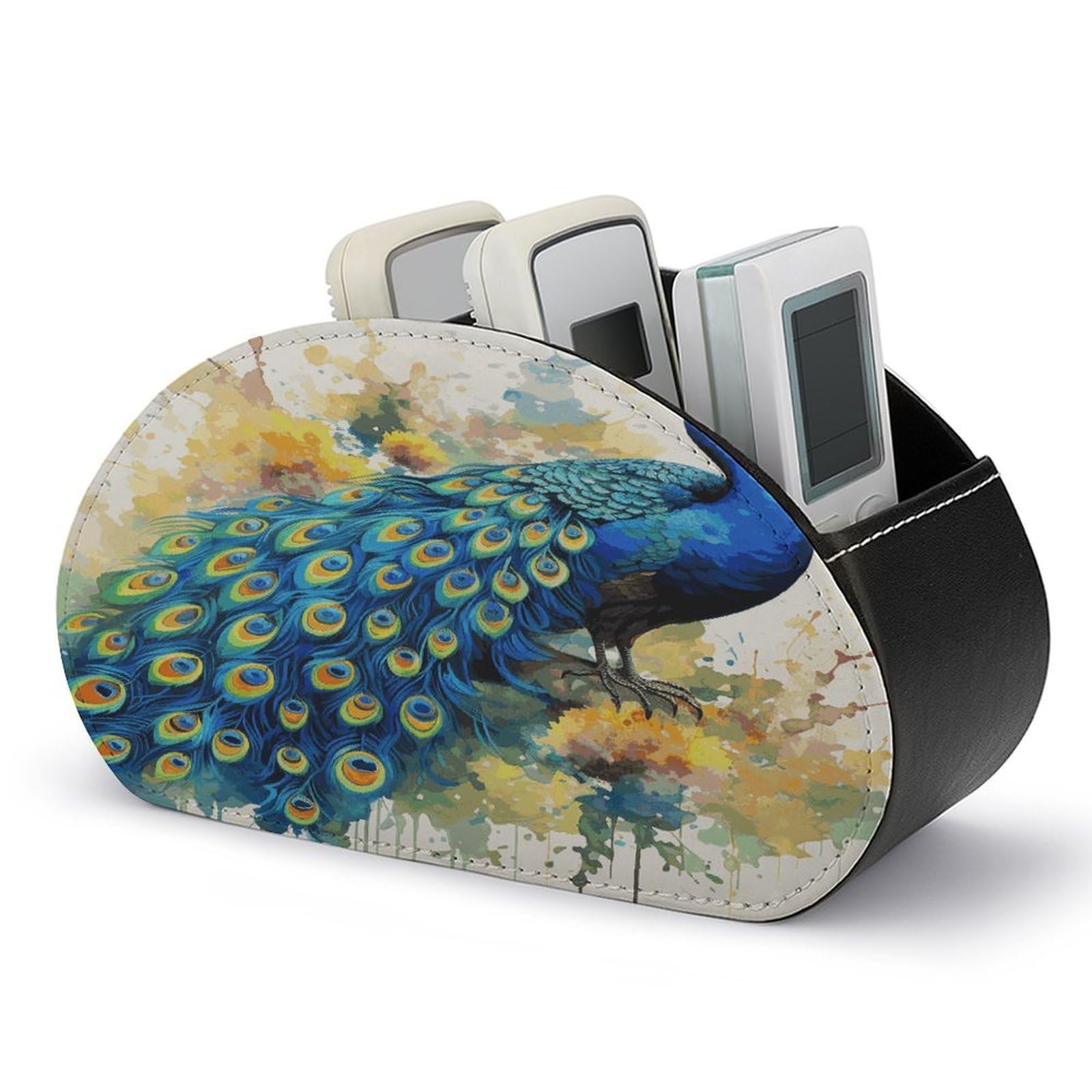LZQPOEAS Peacock Watercolor Painting Remote Control Holder with 5 Compartments PU Leather Remote Organizer Box Caddy for Table Nightstand Remote Caddy Desktop Organizer Fits Media Controllers