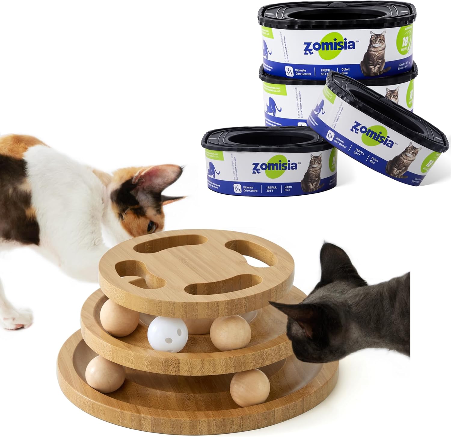 4 Pack Cat Litter Refill Bags Non-See-Through Jumbo 60FT Cartridge Refill & Large Wooden Cat Ball Track Toy