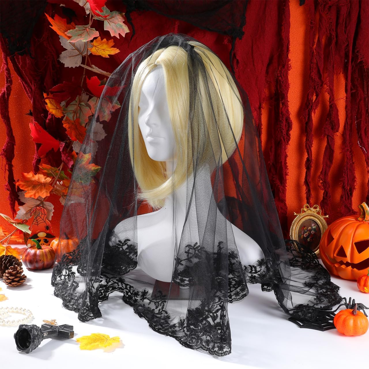 STOBOK Black lace veil Bride Halloween Bridal Black Lace Long Veils with Comb Gothic Wedding Accessory for Costume Party and Special Occasions 31X51 Inches - Image 8