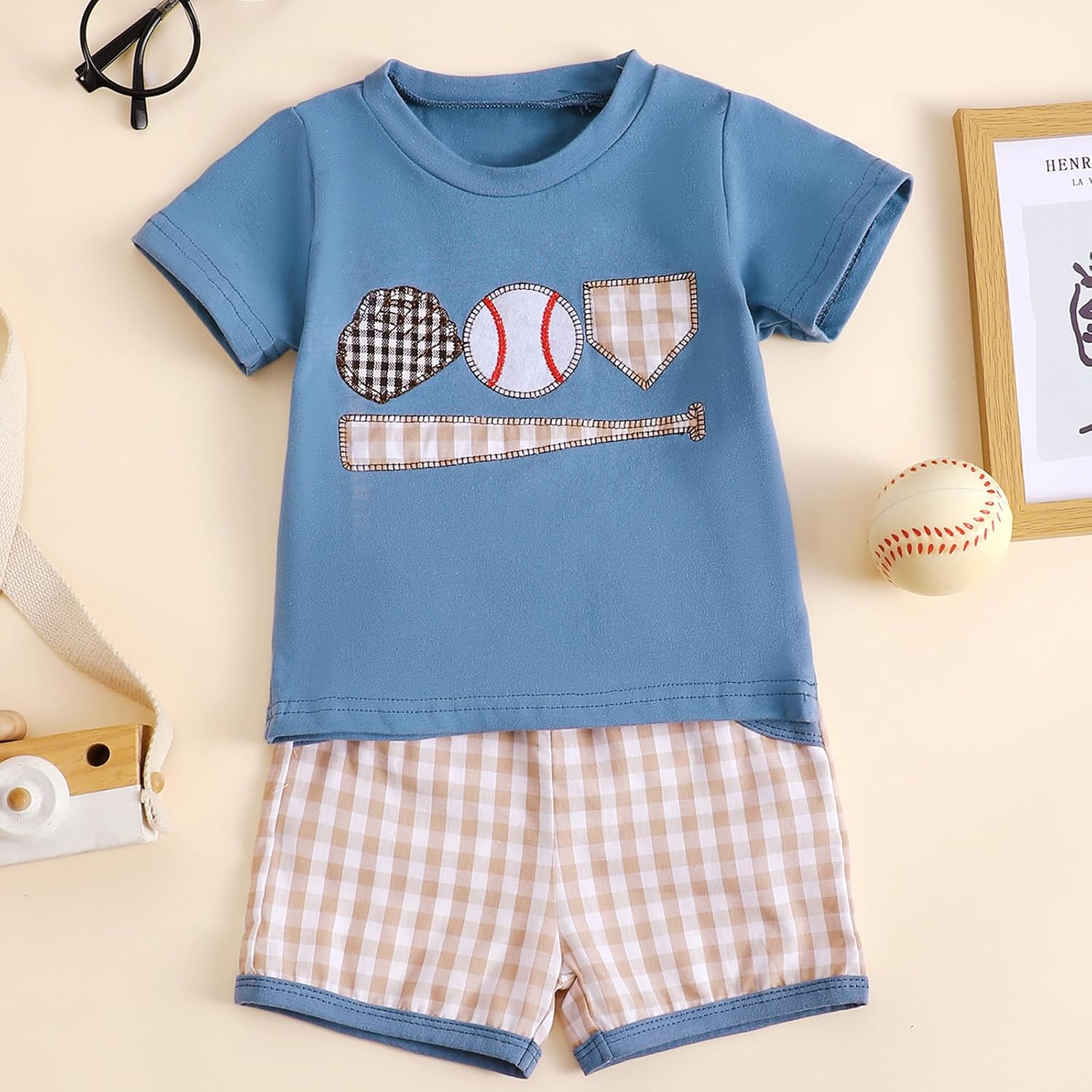 Baseball Toddler Baby Boy Girl Clothes Baseball Embroidery Short Sleeve T Shirt Plaid Shorts Set Infant Clothes