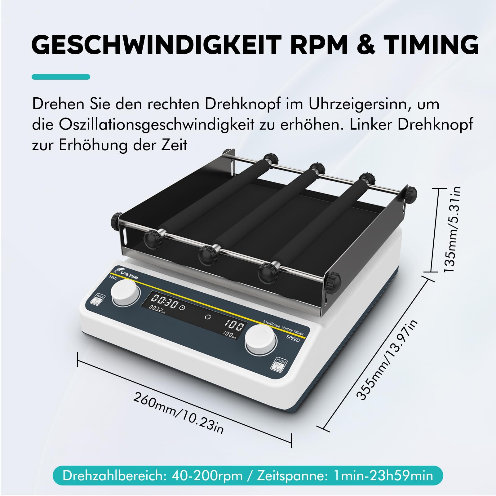 LAB FISH Digitaler Orbital Shaker, 40-200 U/min Labor Schüttler mit Timer, 250x250mm Plattform, 2KG Kapazität, für chemisches & biologisches Mischen, Kultivierung