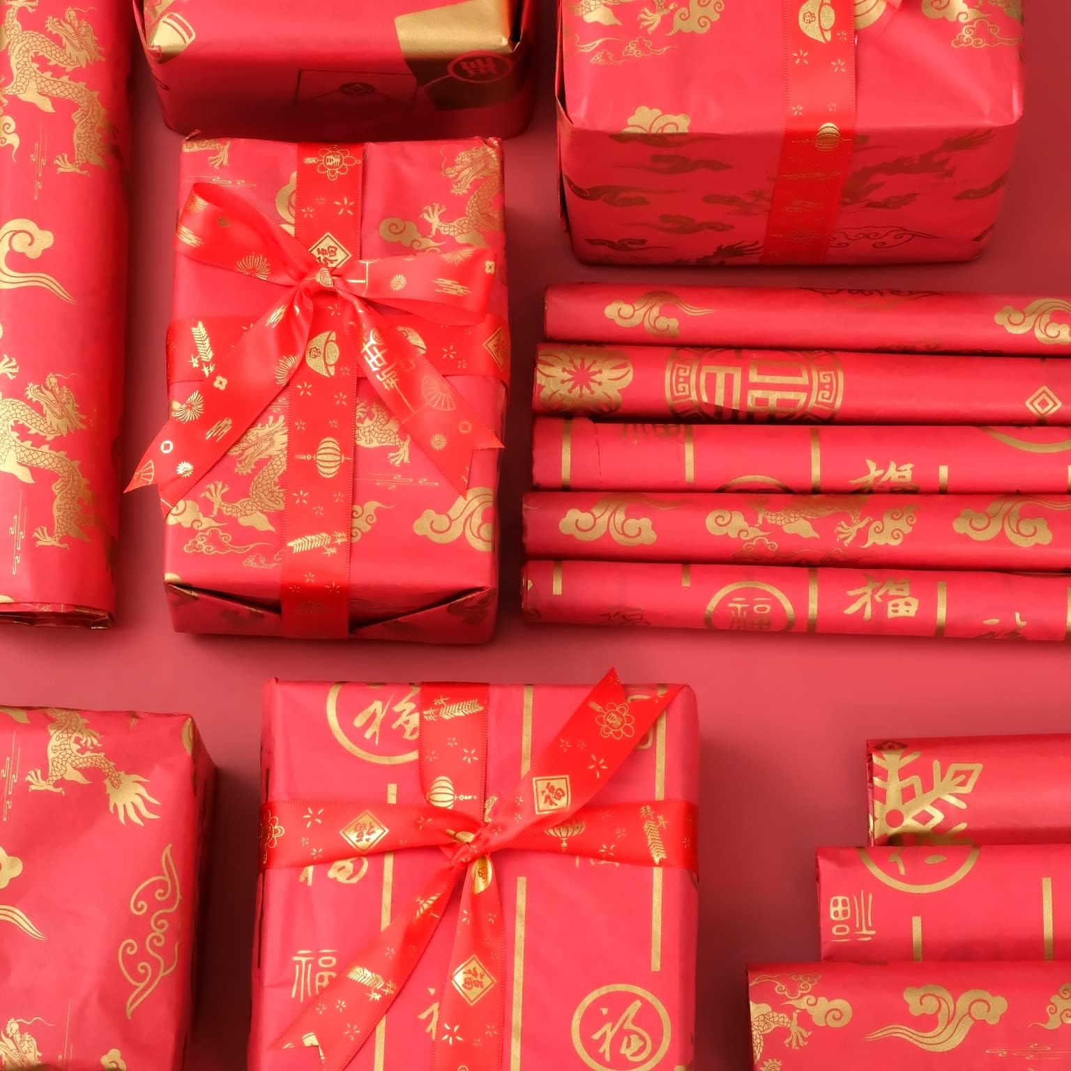 40 Sheets 60 Sheets Large Size Red with Gold Chinese FU Tissue Paper Bulk,20" x 50 Gold FU Design Chinese New Year Tissue Paper for Gift Bags