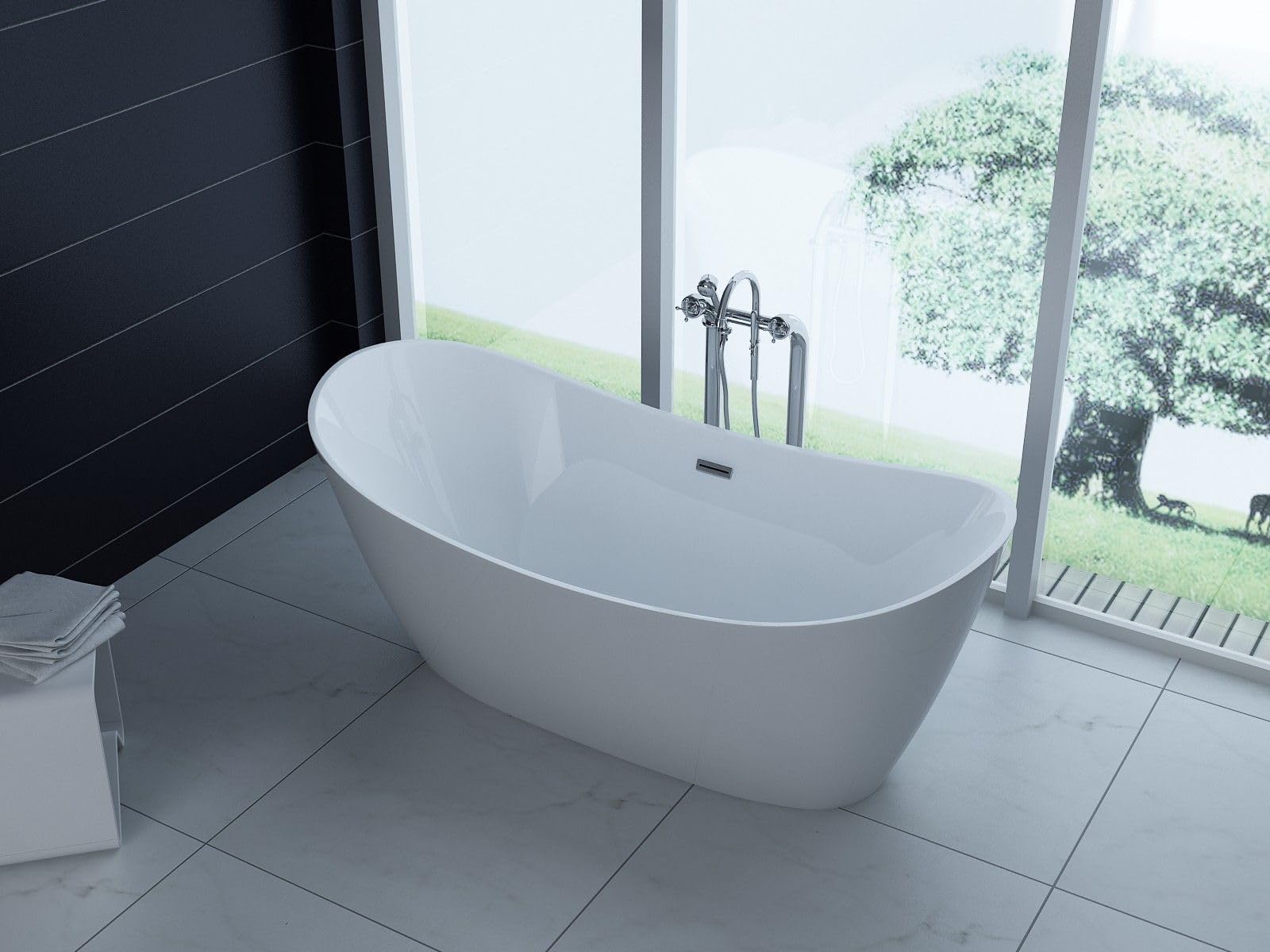 Wolnostojąca wanna Bolsena 170 x 80 cm – nowoczesne wzornictwo, ergonomiczny kształt, w zestawie zabezpieczenie przed przelaniem i syfonem, wytrzymały akryl, łatwy montaż