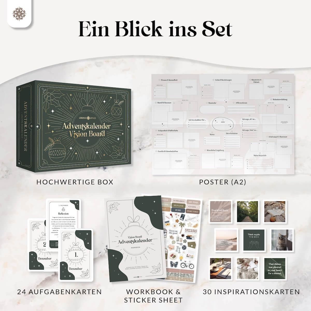 Lebenskompass® Adventskalender Jahresunabhängig Vision Board - Erreiche Deine Ziele - Achtsames Workbook mit wertvollen Aufgaben - Geschenk für die Adventszeit mit Bildern, Sprüchen und Stickern