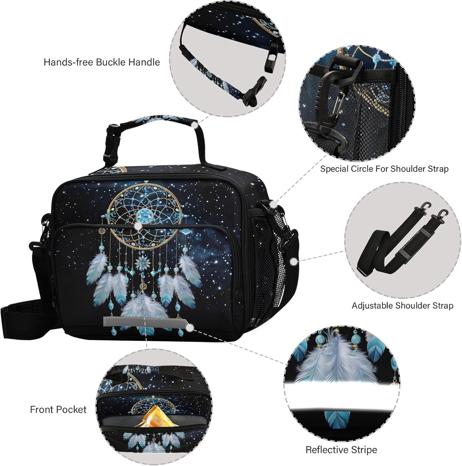 Dreamcatcher with A Starry Sky Background Lunch Box, Lunch Bag with Adjustable Shoulder Strap Insulated Tote Bag Picnic Box Lunch Bag for School Teens Snacks Insulated Cooler Tote