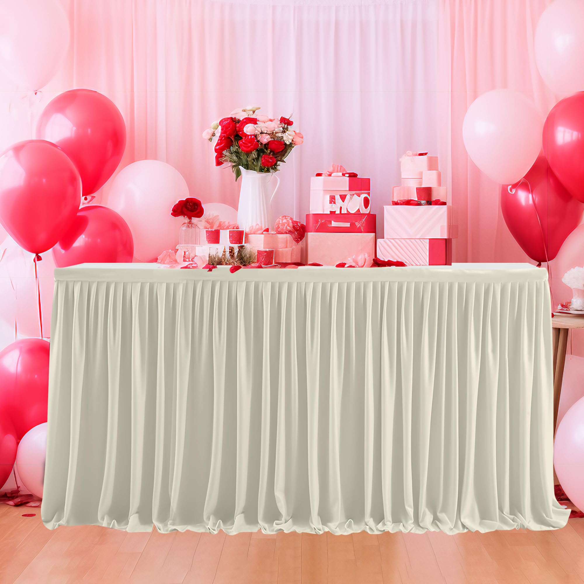 Trimming Shop Table Skirt, 17 Feet Pleated Rectangle Polyester Ivory Table Decoration Tableware, Party, Wedding, Birthday, Baby Shower, Home Decoration, Banquet, Events, 1 Piece