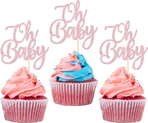 Rsstarxi Paquete de 24 adornos para cupcakes Oh Baby con purpurina para bautismo de bebé, decoración de pasteles para baby shower, decoración de