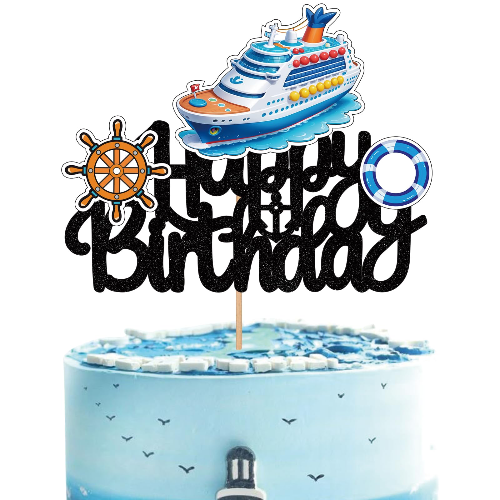 Nautical Ship Happy Birthday Cake Topper Cruise Ship Steamship Boat Decor Anchor Ocean Sailing Baby Sailor Themed Party Decorations Supplies Cruise Decoration Cruise Ship Holiday Boys Girl