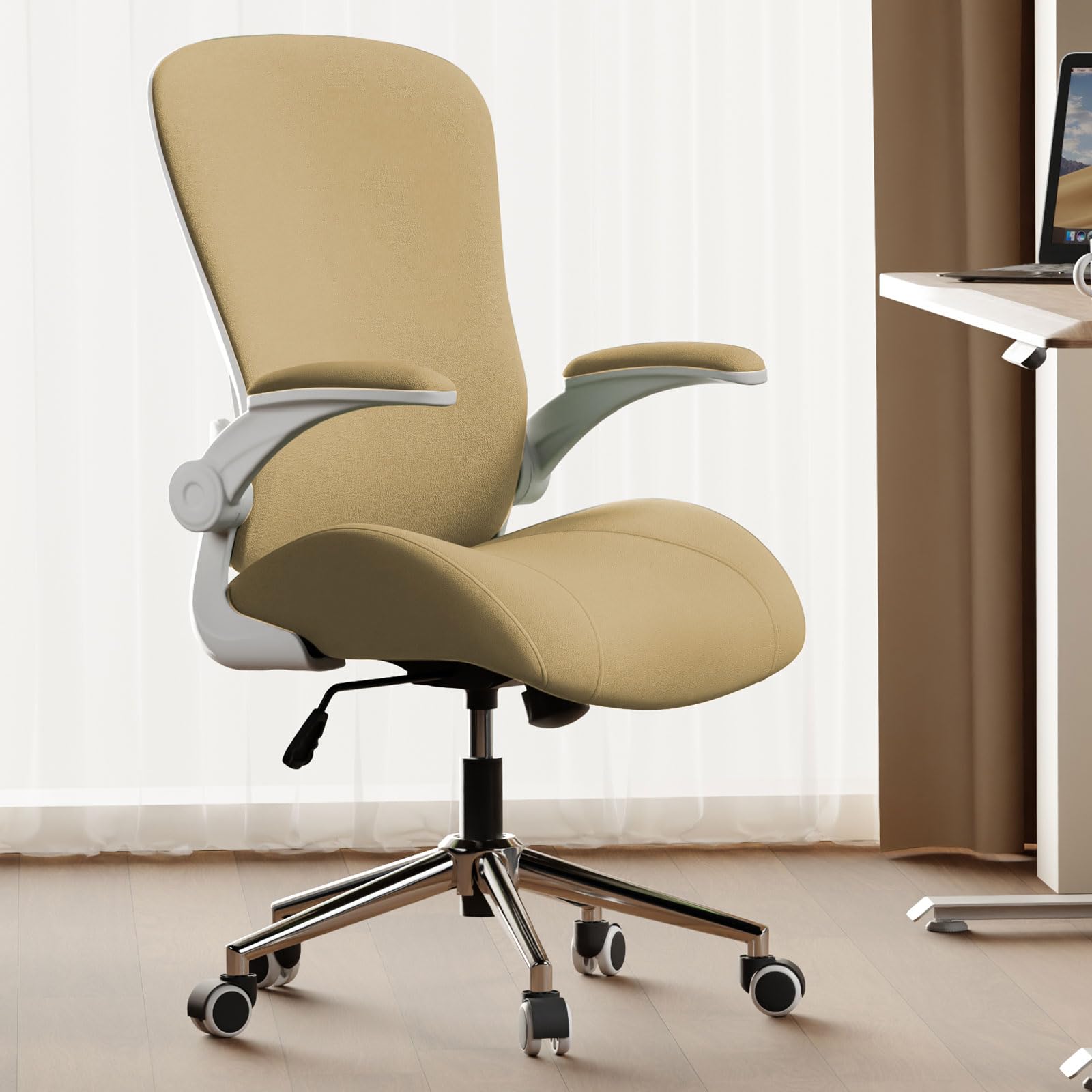 Kahki Ergonomic Office Desk Chair Soft Fabric Thickened Curved seat Cushion with Adjustable Lumbar Support Perfect Blend of