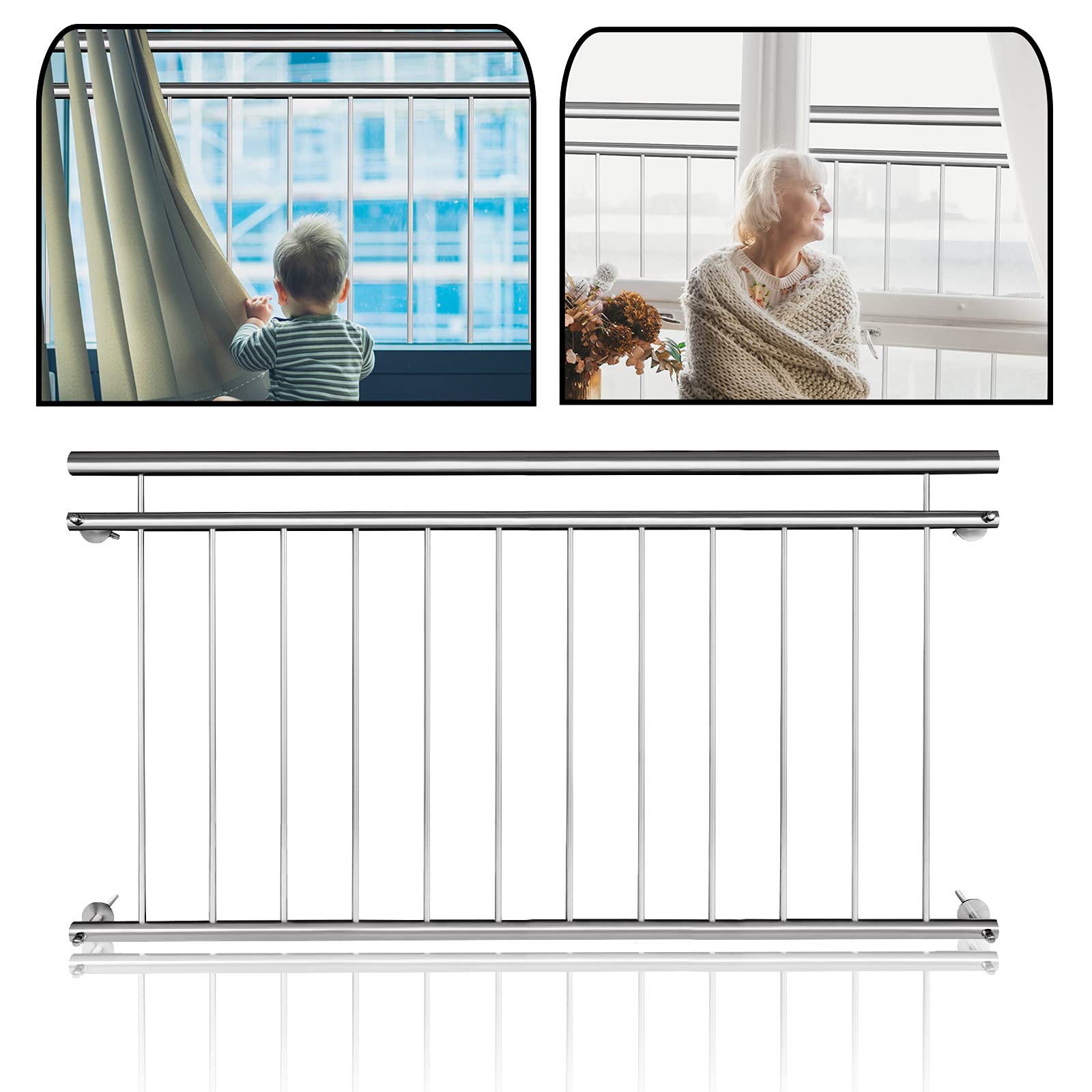 Froadp 90x156cm Ringhiera da Terrazze in acciaio inox Francese Ringhiera Parapetto per Balcone e Recinzioni(12 Barre di Riempimento)